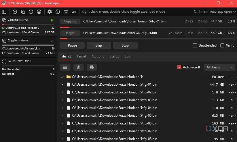 Quá trình sao chép file đang diễn ra qua TeraCopy, hiển thị khả năng bỏ qua file lỗi.
