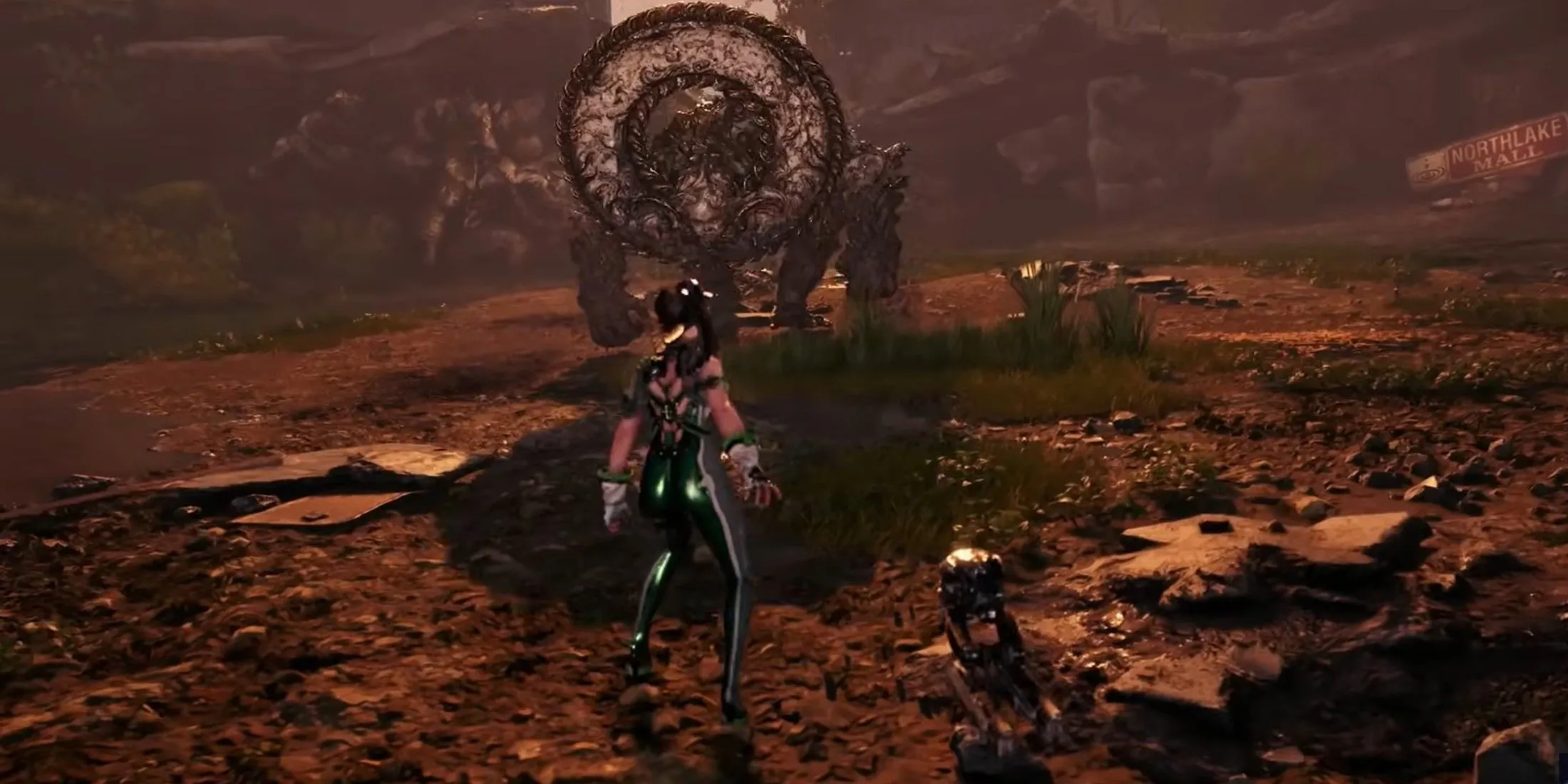 Quái vật Gigas trong môi trường game Stellar Blade, gợi ý các khu vực khám phá và vượt chướng ngại vật