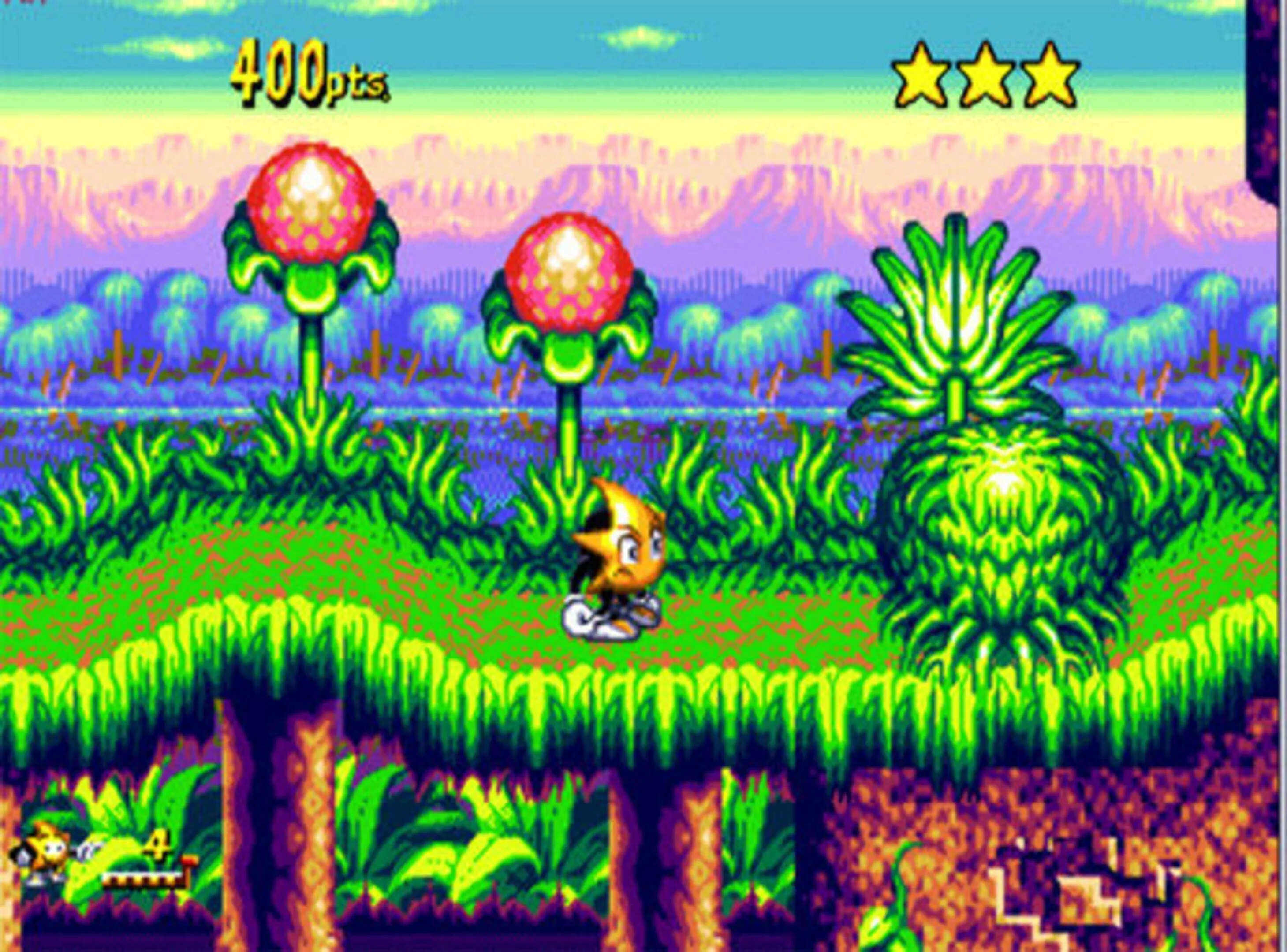 Ristar thực hiện động tác tấn công bằng cánh tay co giãn trong màn chơi đầy màu sắc của game platformer Ristar trên Sega Genesis.