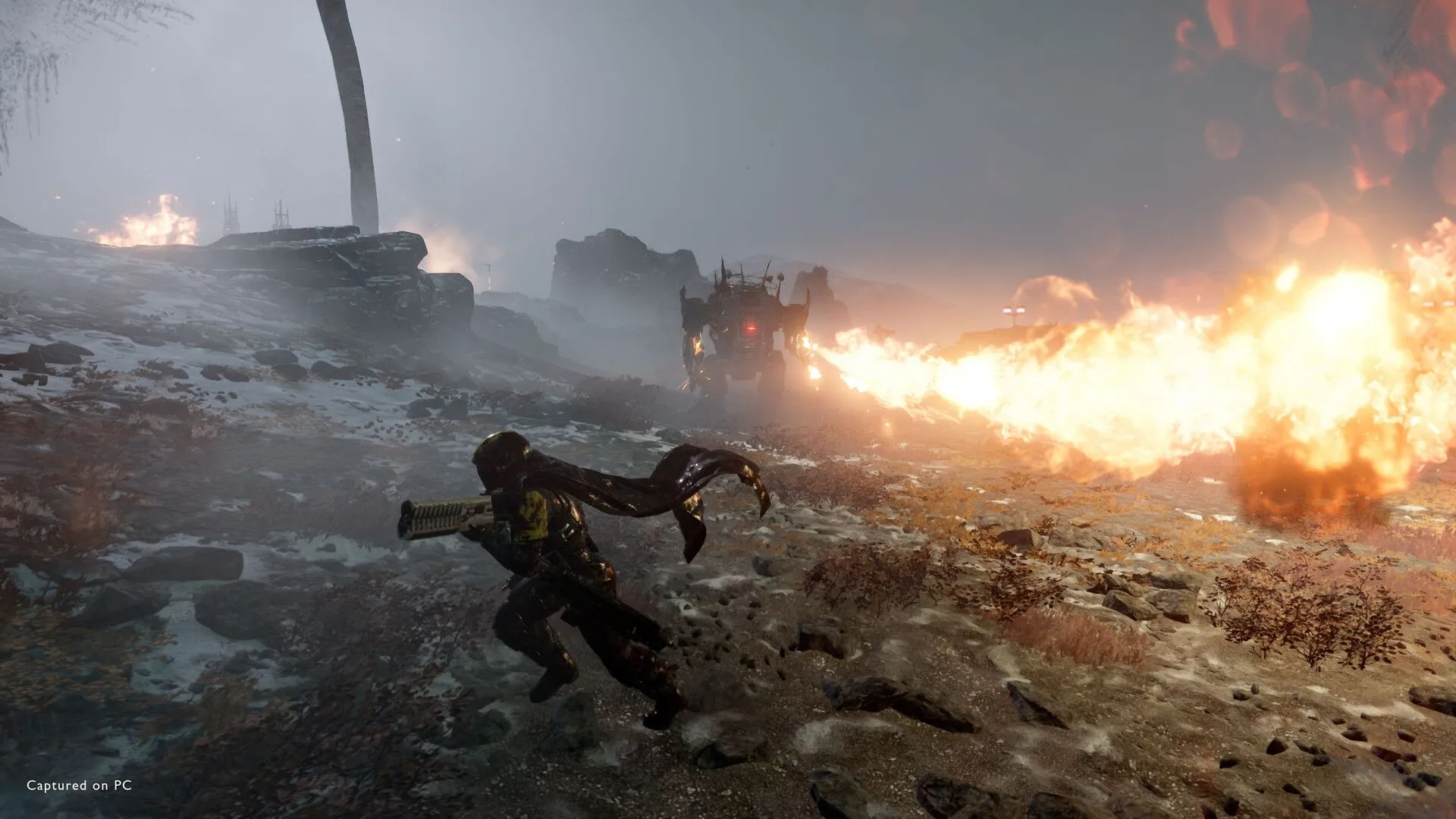Robot chiến đấu Mech hạng nặng phóng hỏa trong Helldivers 2