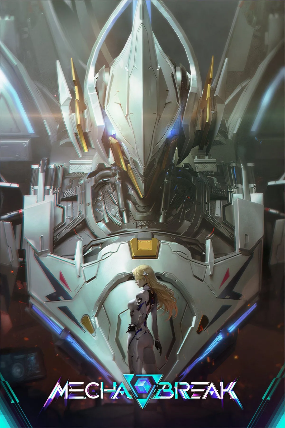 Robot chiến đấu tùy chỉnh trong Mecha BREAK, thể hiện phong cách anime và hành động tốc độ cao