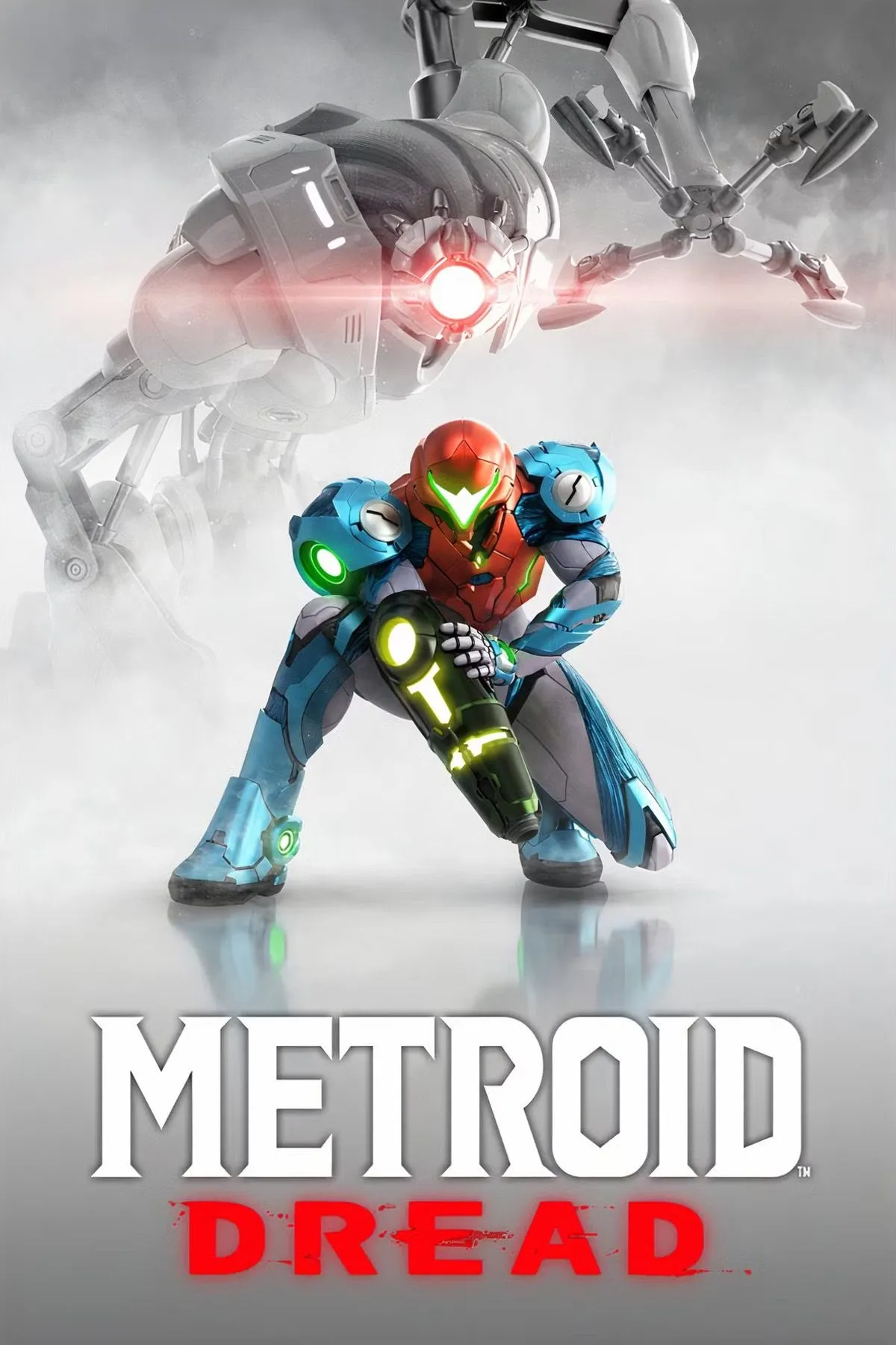 Samus Aran trong Metroid Dread đối mặt với E.M.M.I. trong môi trường tăm tối