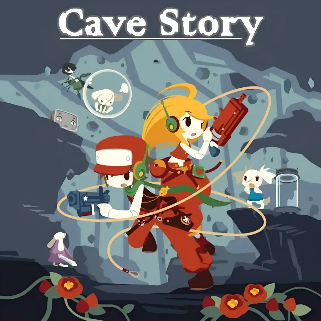 Sản phẩm game Cave Story, với hình ảnh nhân vật chính Quote đang đứng trong một hang động bí ẩn, thể hiện phong cách pixel art cổ điển.
