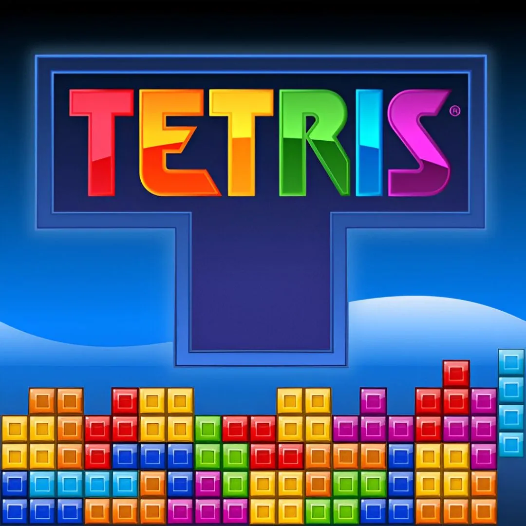 Sản phẩm game Tetris, hiển thị các khối Tetromino đang rơi xuống một bảng trò chơi, thể hiện gameplay cổ điển của game giải đố này.