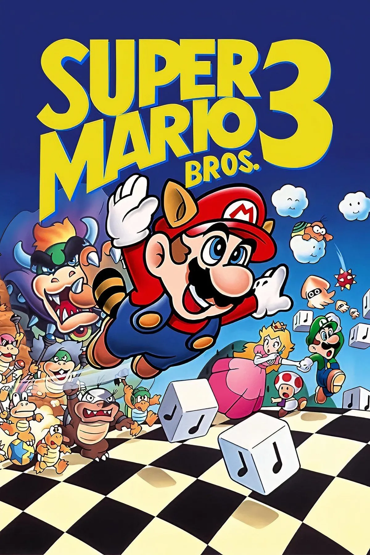 Screenshot Super Mario Bros. 3 với Mario đang bay bằng Tanooki Suit