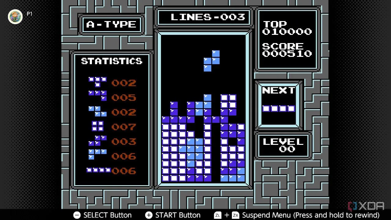 Screenshot Tetris trên NES từ dịch vụ Nintendo Switch Online