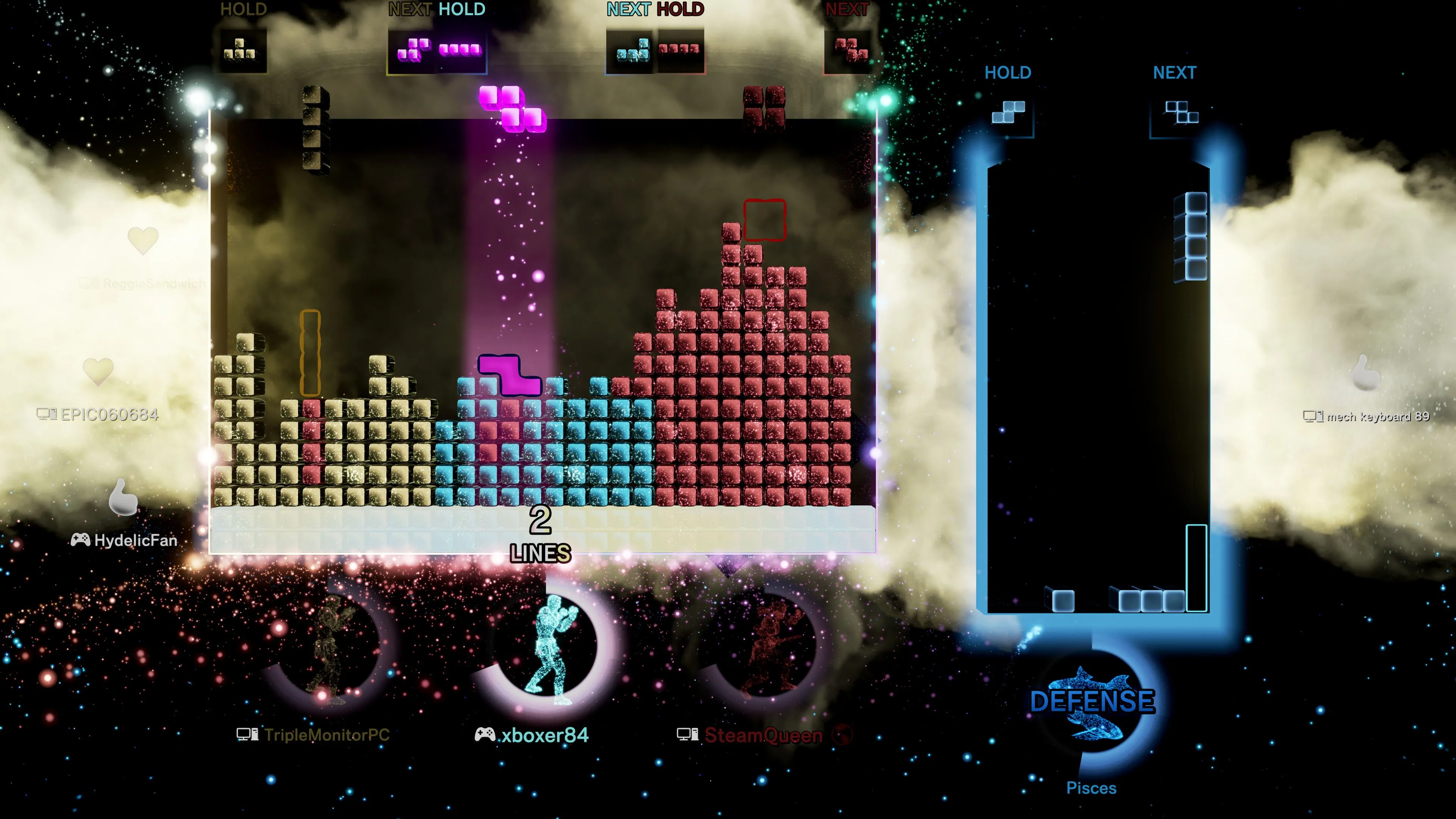Screenshot từ Tetris Effect với các khối Tetromino đang rơi, tạo hiệu ứng thị giác ấn tượng