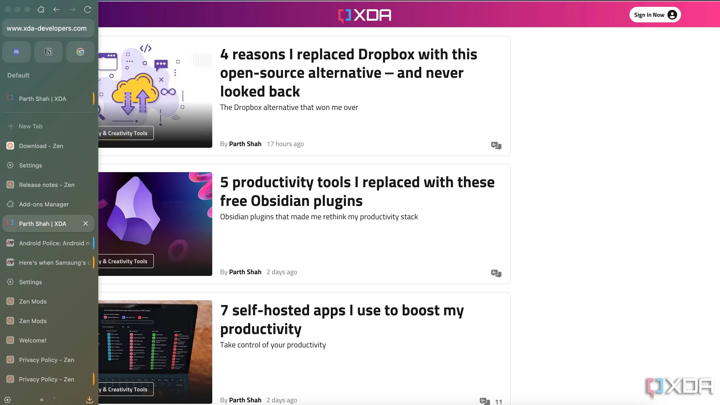Sidebar của Zen Browser hiển thị các tab được tổ chức, tượng trưng cho tính năng quản lý hiệu quả và bảo mật