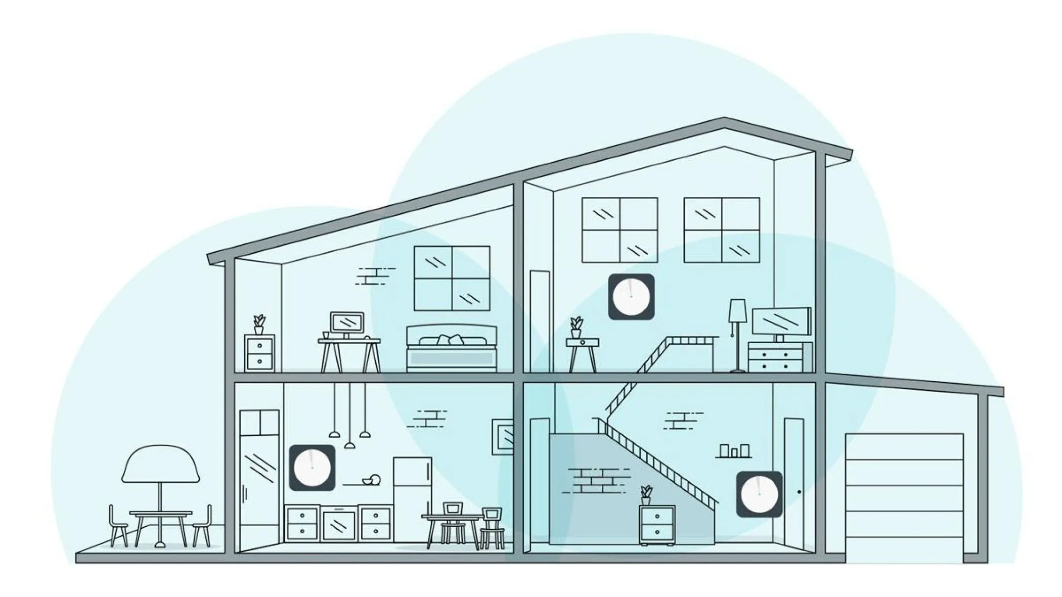 Sơ đồ minh họa các vị trí đặt node Wi-Fi Mesh trong ngôi nhà để tối ưu vùng phủ sóng.