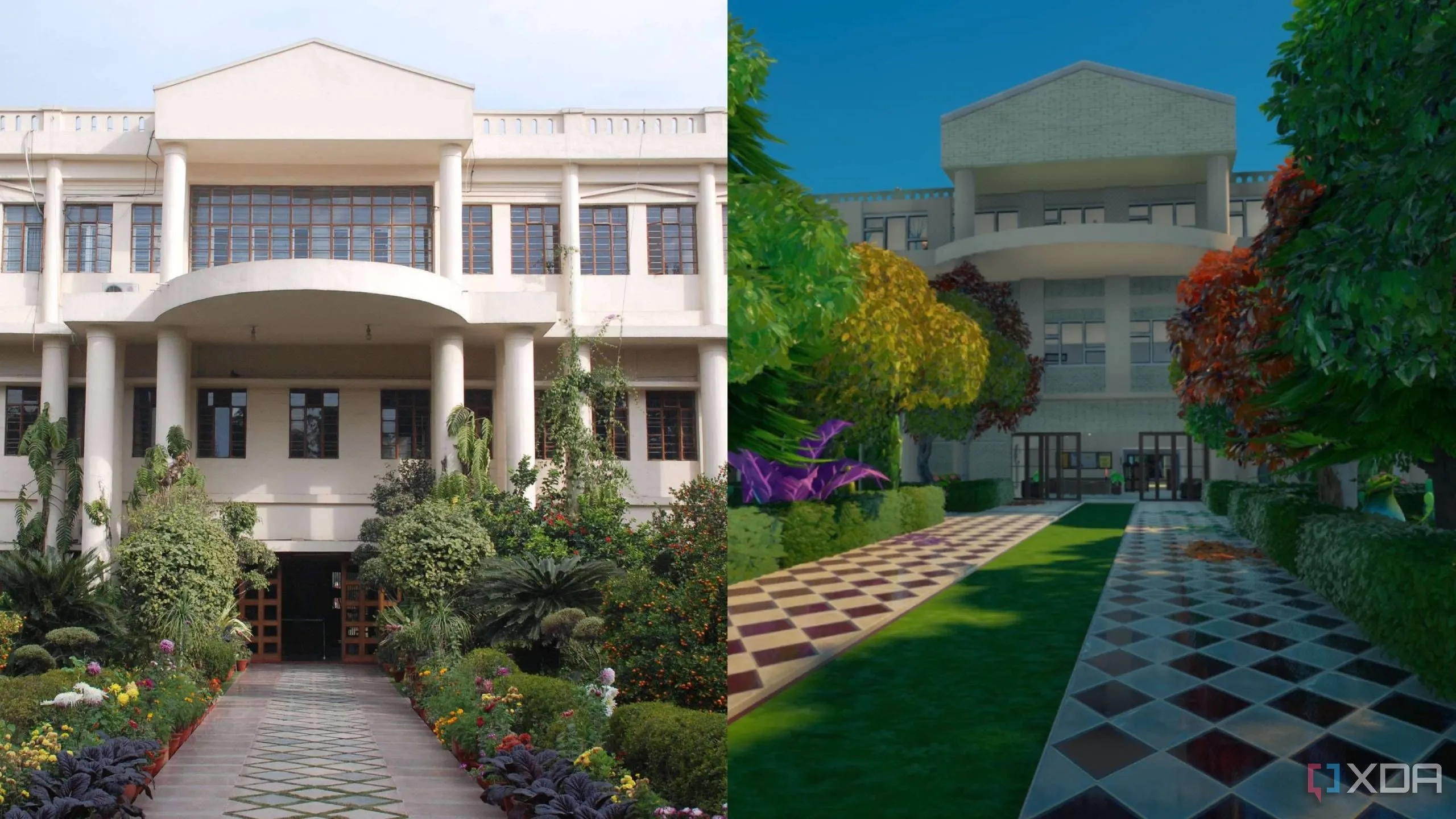 So sánh cận cảnh mặt tiền một trường học ngoài đời thực và phiên bản tái tạo trong Fortnite bằng Unreal Editor, thể hiện độ chân thực của dự án.