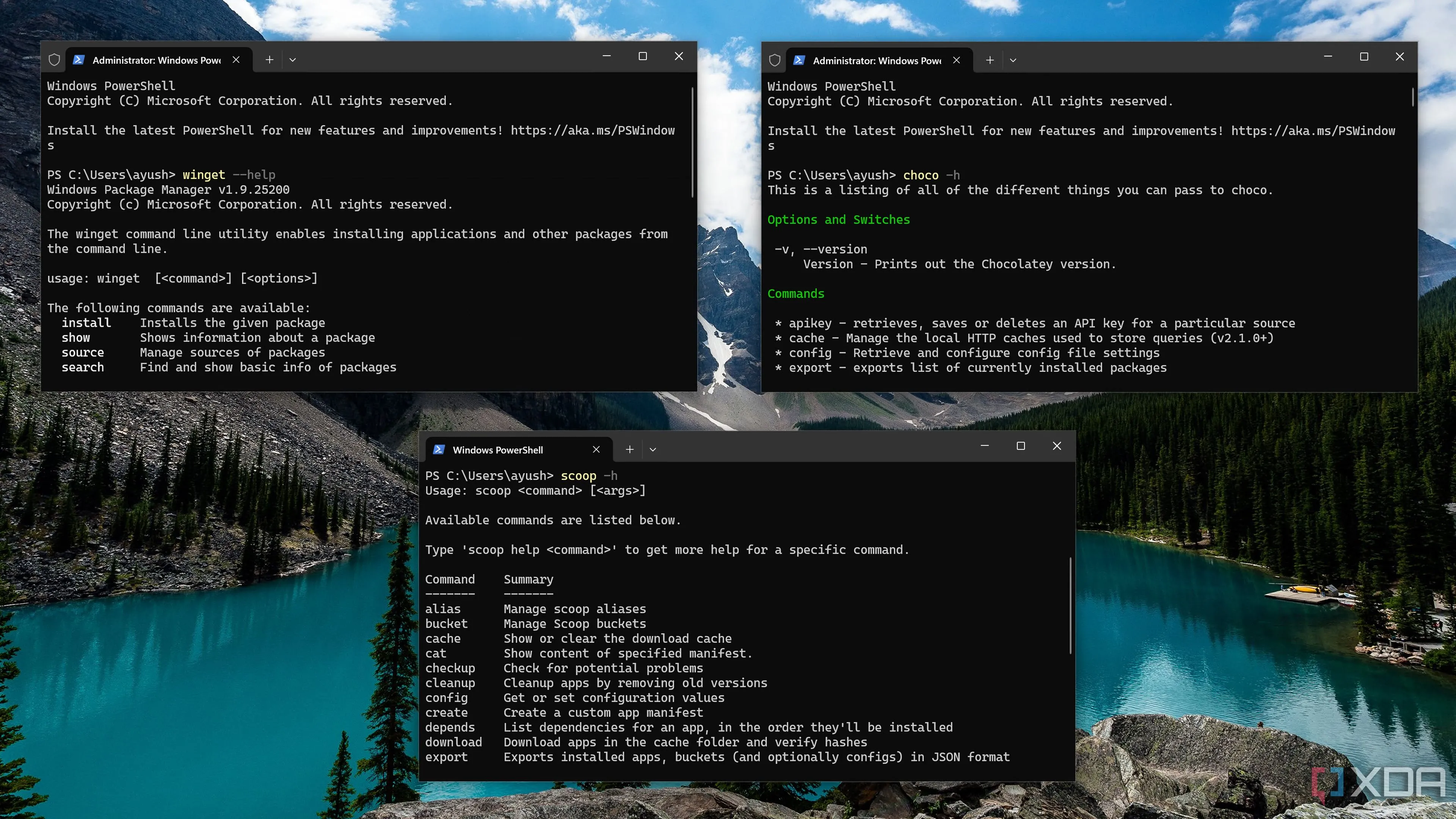 So sánh giao diện dòng lệnh của Winget, Chocolatey và Scoop trên Windows Terminal