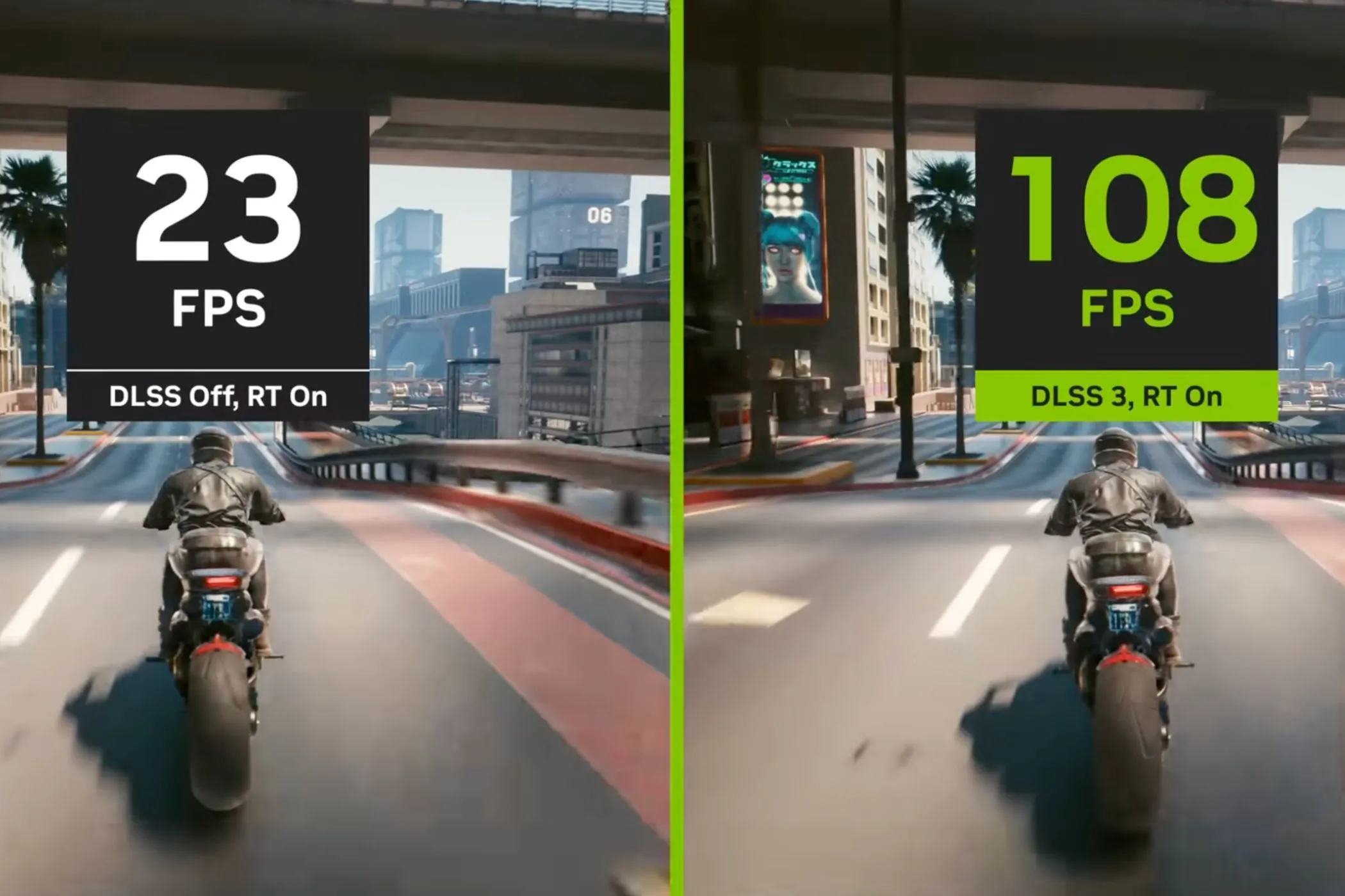 So sánh hình ảnh trong game Cyberpunk 2077 khi bật và tắt công nghệ DLSS, minh họa sự khác biệt về chất lượng.
