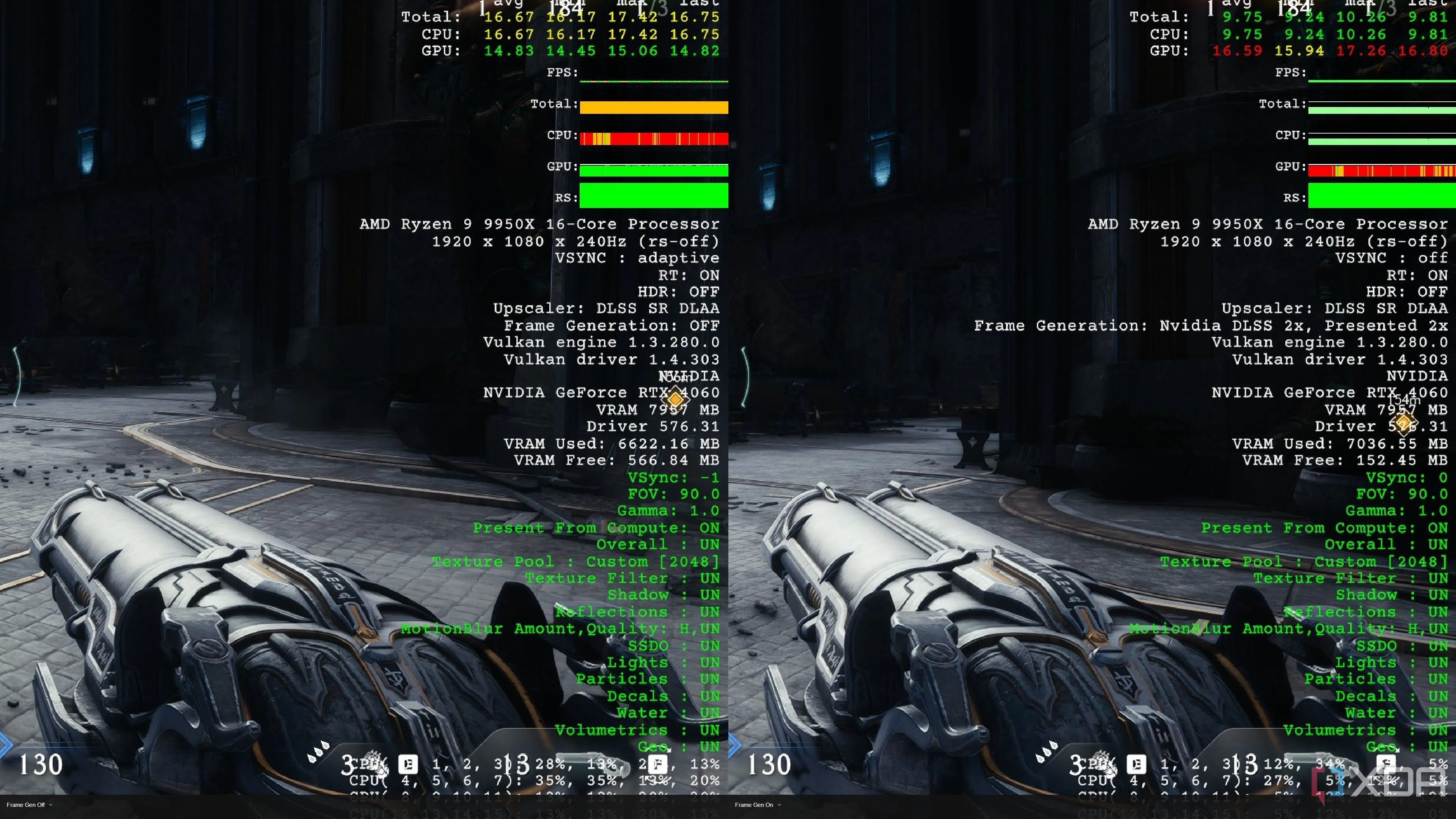 So sánh mức tiêu thụ VRAM với và không có Frame Generation trong Doom The Dark Ages