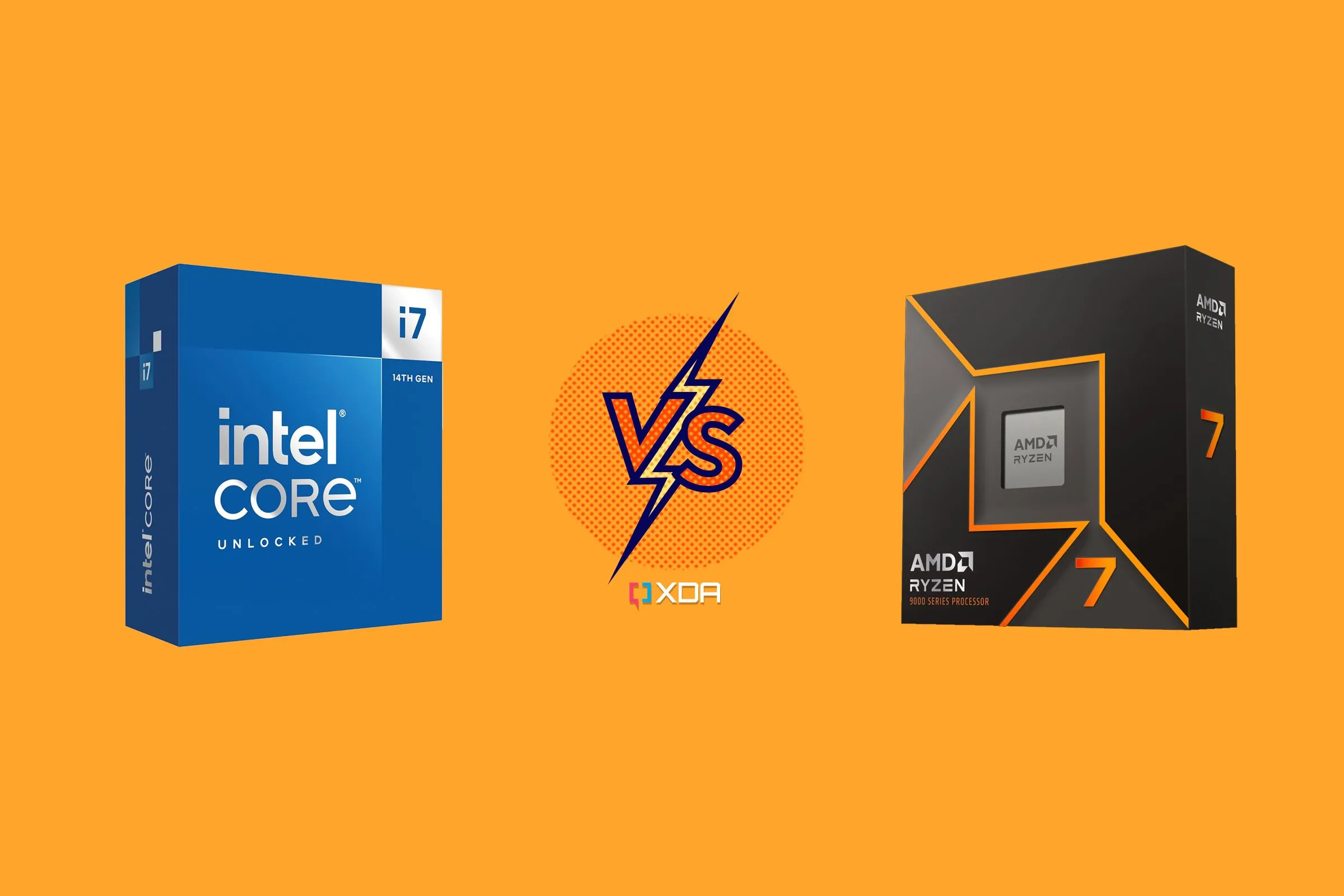 So sánh trực tiếp CPU Intel Core i7-14700K và AMD Ryzen 7 9700X, biểu tượng cho cuộc đối đầu Intel và AMD trong thị trường vi xử lý.