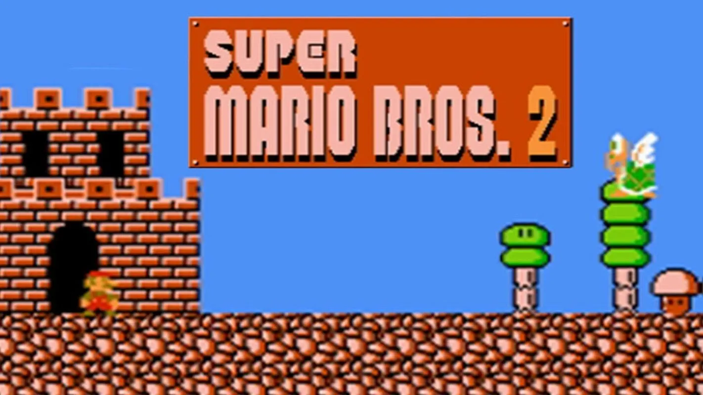 Super Mario Bros. 2, được biết đến quốc tế là The Lost Levels, với nhân vật Mario trên màn hình chơi