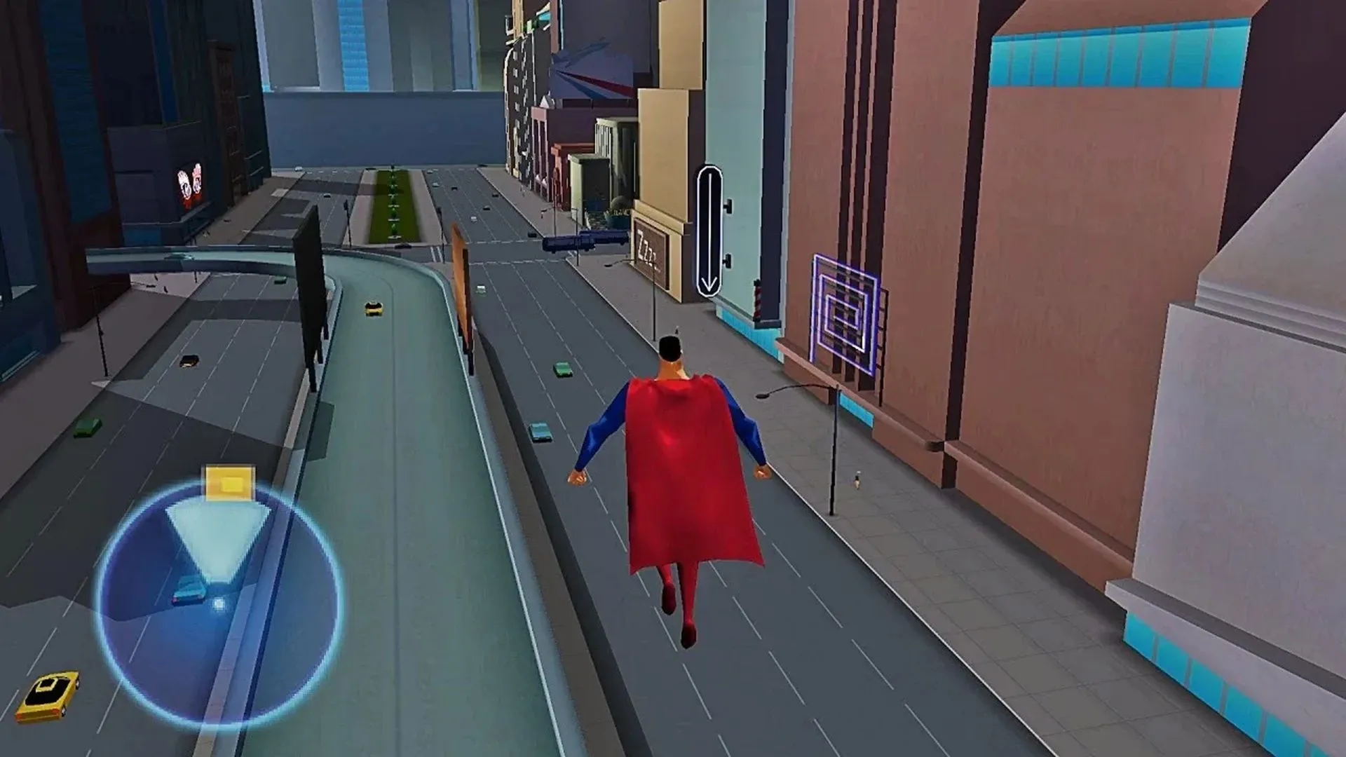 Superman bay lượn trong game Shadow of Apokolips trên nền thành phố Metropolis
