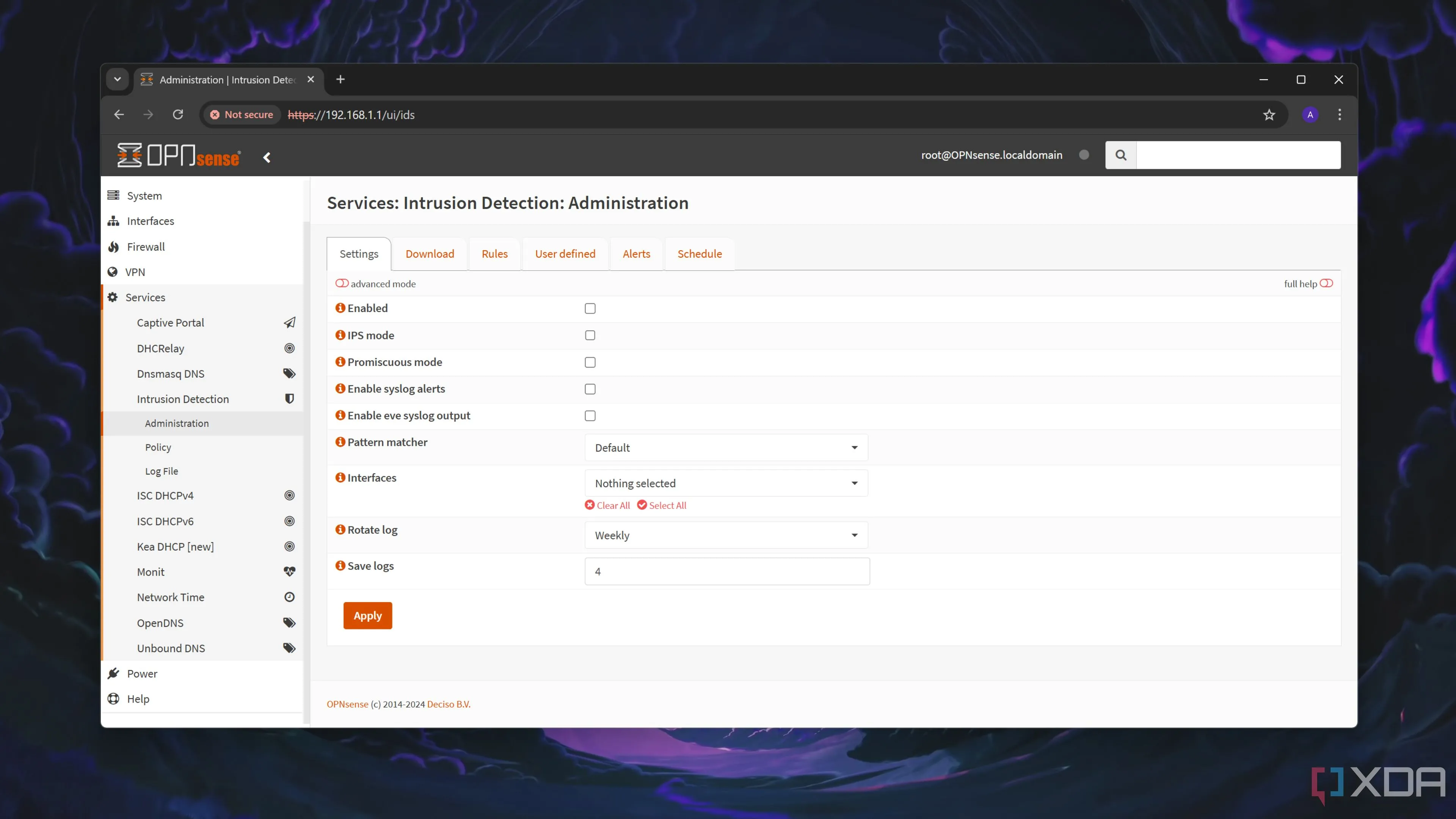 Tab phát hiện xâm nhập (Intrusion Detection) trong giao diện người dùng web của OPNsense, nơi Suricata hoạt động để bảo vệ mạng