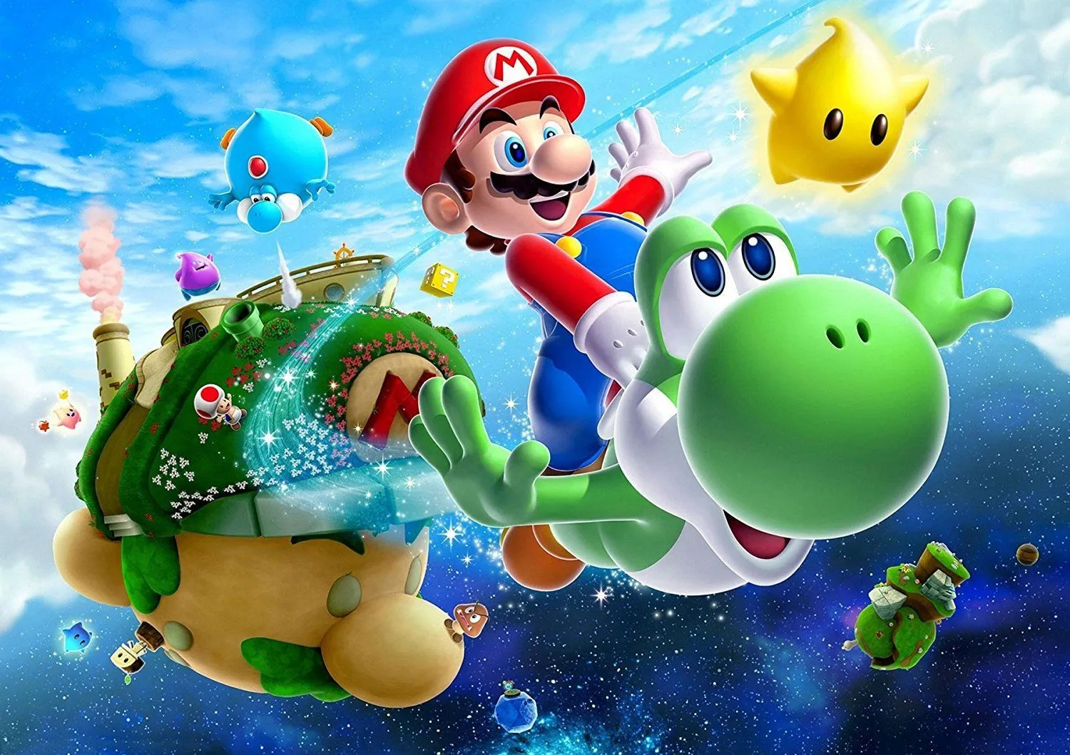 Tác phẩm nghệ thuật của Super Mario Galaxy 2 với sự xuất hiện của Yoshi, minh họa sự đa dạng trong vũ trụ game Super Mario