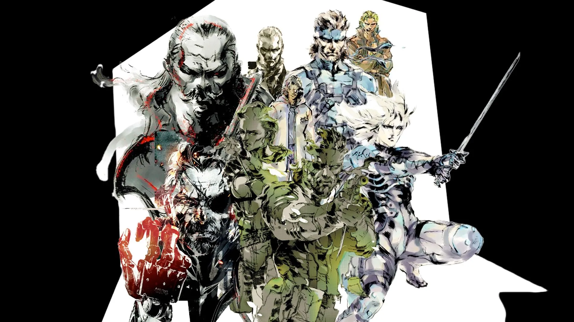 Tác phẩm nghệ thuật tổng hợp các nhân vật nổi bật từ series Metal Gear Solid của Yoji Shinkawa, bao gồm Big Boss, Solid Snake, Raiden và Venom Snake, thể hiện tầm vóc của thương hiệu game huyền thoại do Hideo Kojima sáng tạo.