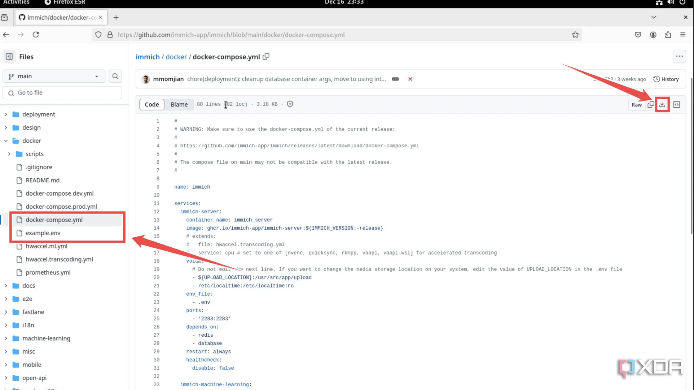 Tải file docker-compose.yml và example.env của Immich