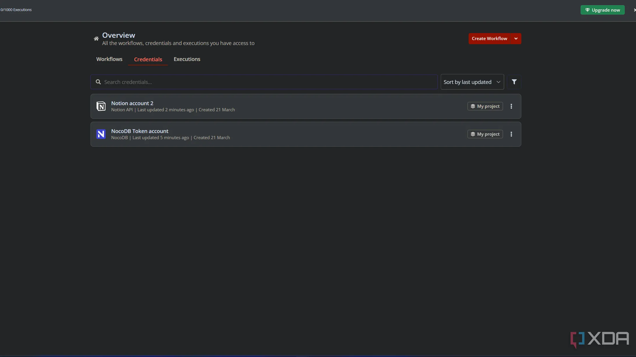 Tài khoản n8n hiển thị các tích hợp với NocoDB và Notion, thể hiện khả năng kết nối đa dạng để tự động hóa công việc.