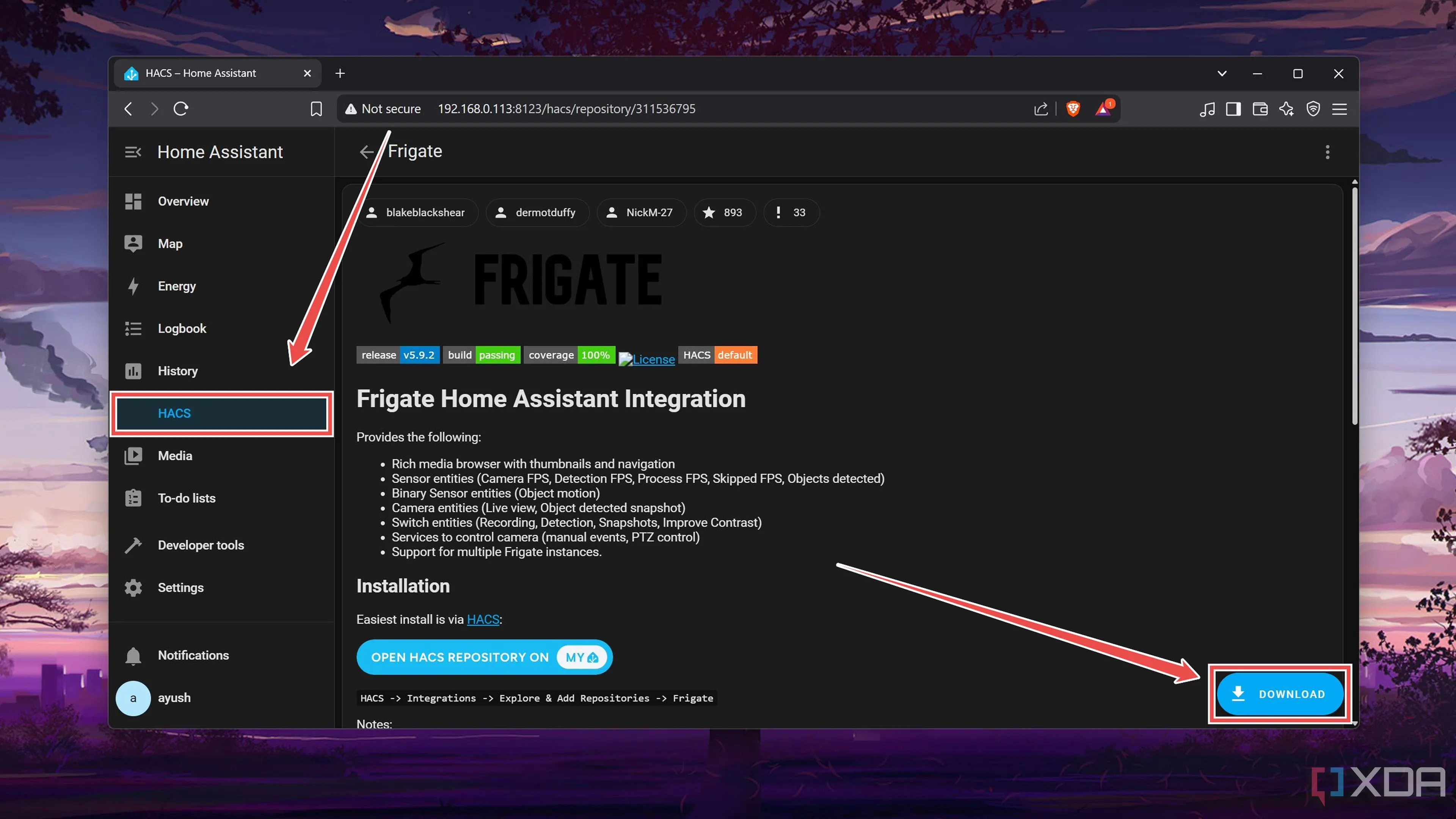 Tải tích hợp Frigate từ HACS về máy chủ Home Assistant