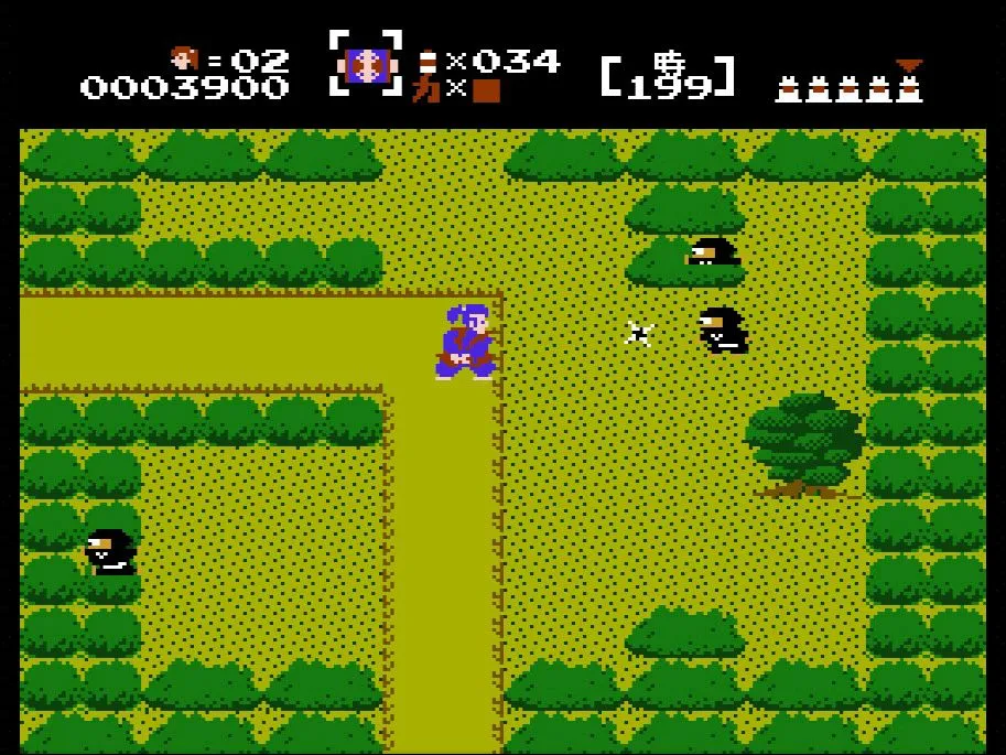 Takamaru chiến đấu với kẻ thù trong The Mysterious Murasame Castle trên Famicom Disk System