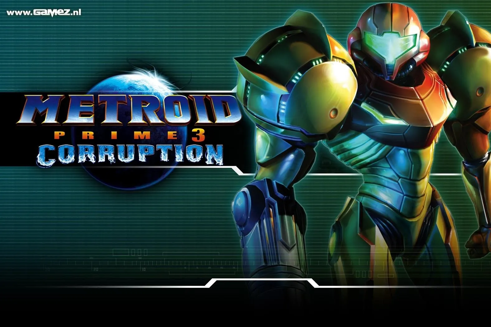 Tấm poster quảng cáo trò chơi điện tử Metroid Prime 3: Corruption với nhân vật chính Samus Aran.