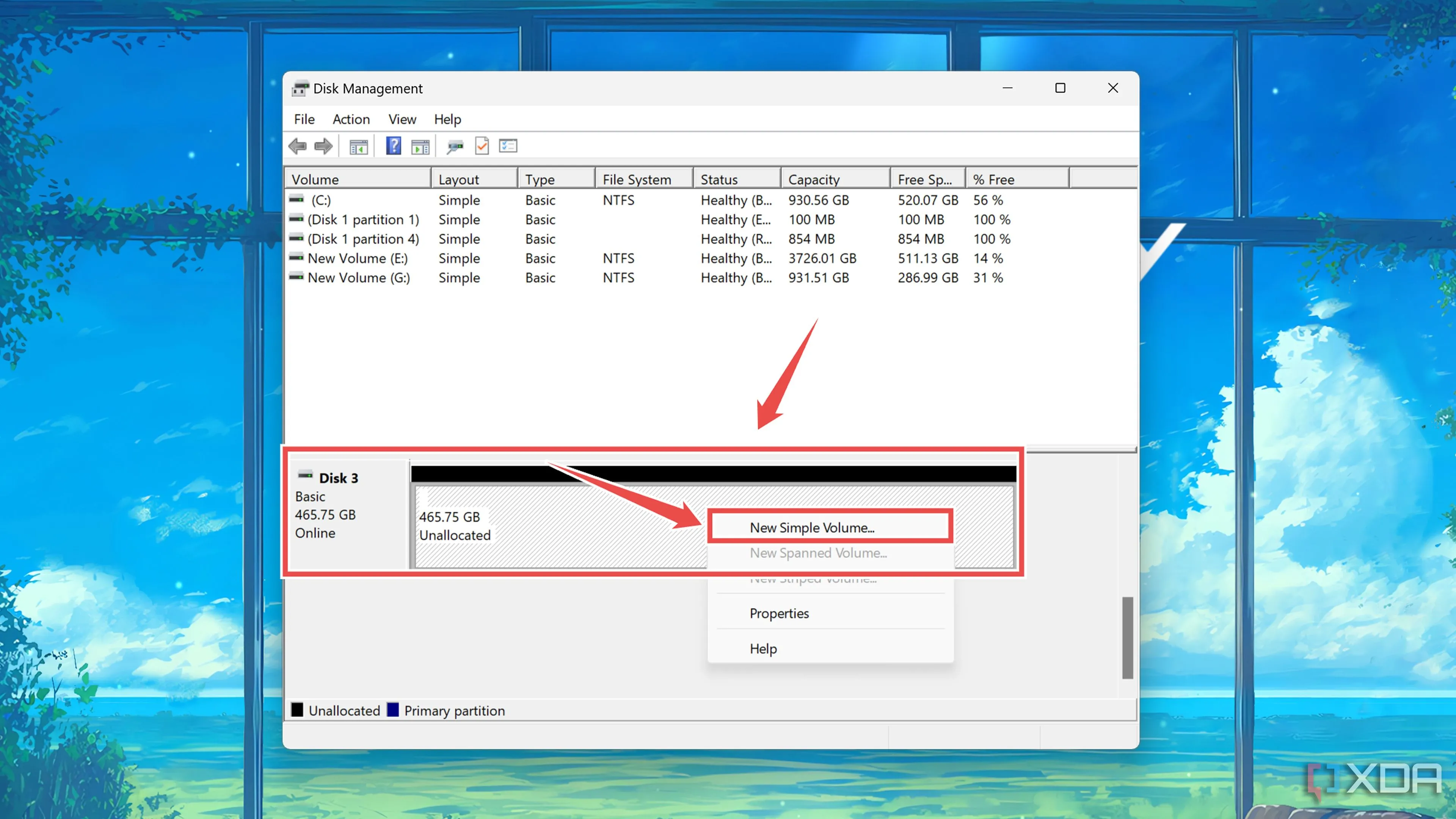 Tạo phân vùng đơn giản mới (New Simple Volume) trên ổ cứng chưa được cấp phát trong Disk Management.