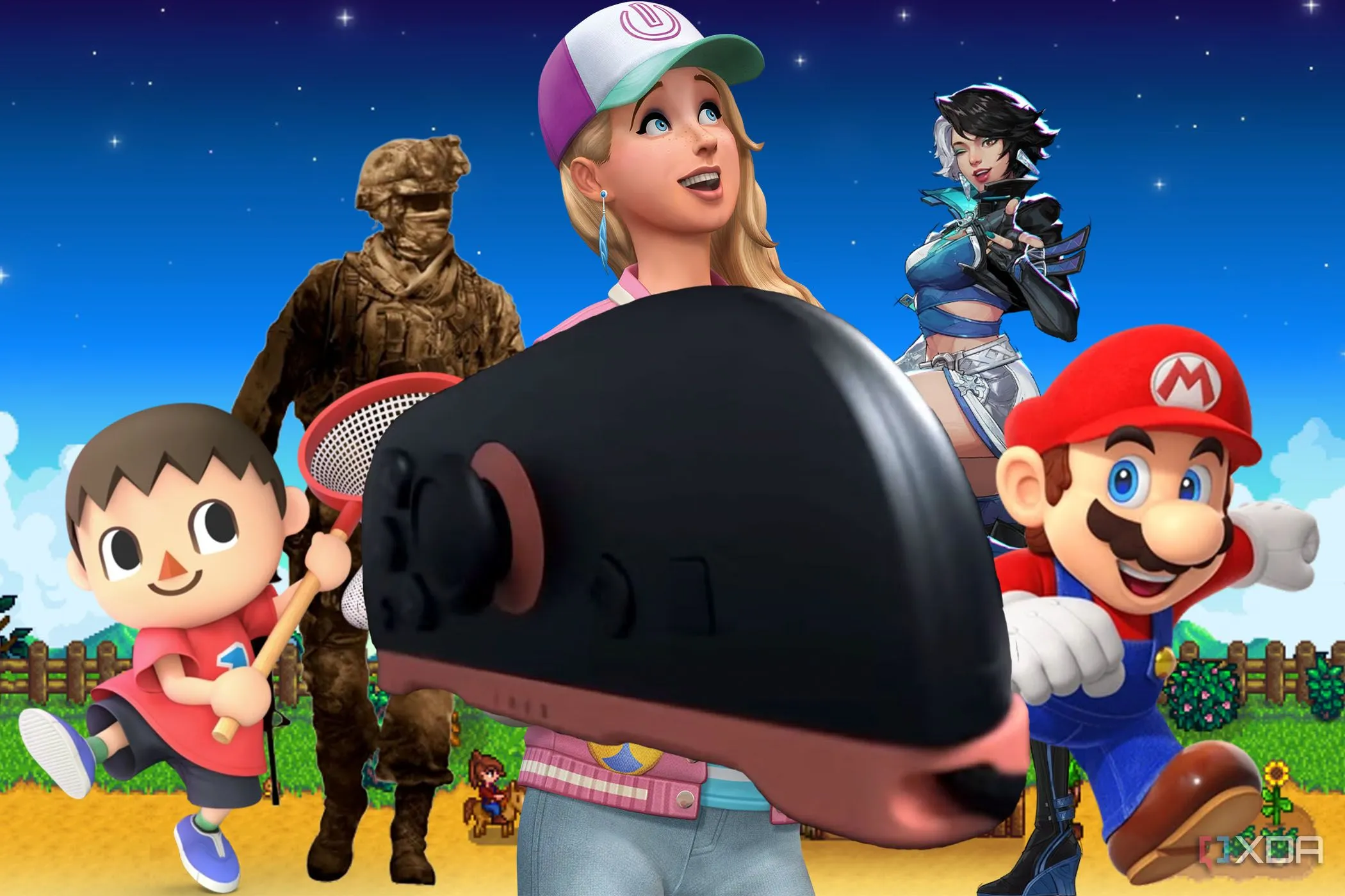 Tay cầm Joy-Con mới của Nintendo Switch 2 với các nhân vật game bao quanh
