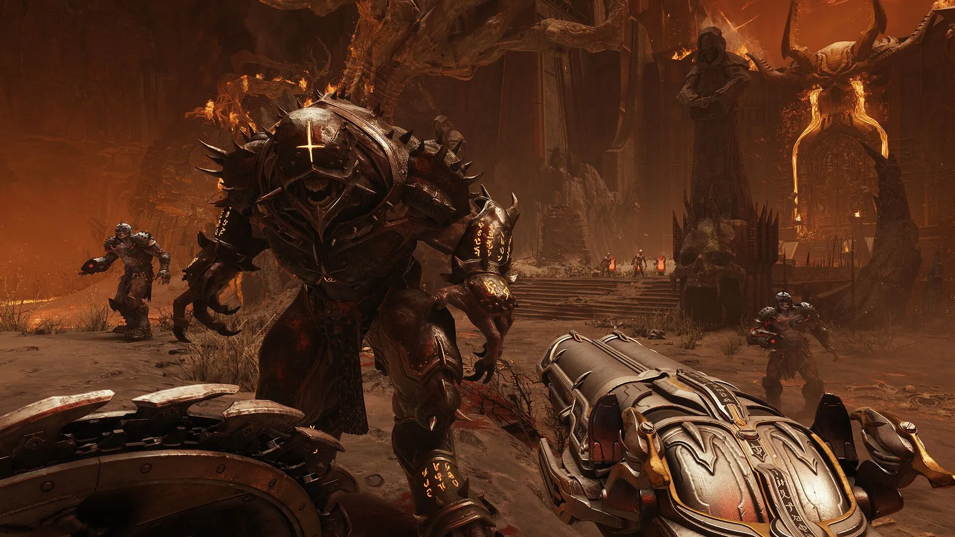 Tên Doom Slayer với áo giáp Atlan và vũ khí thời Trung Cổ, sẵn sàng chiến đấu trong Doom: The Dark Ages