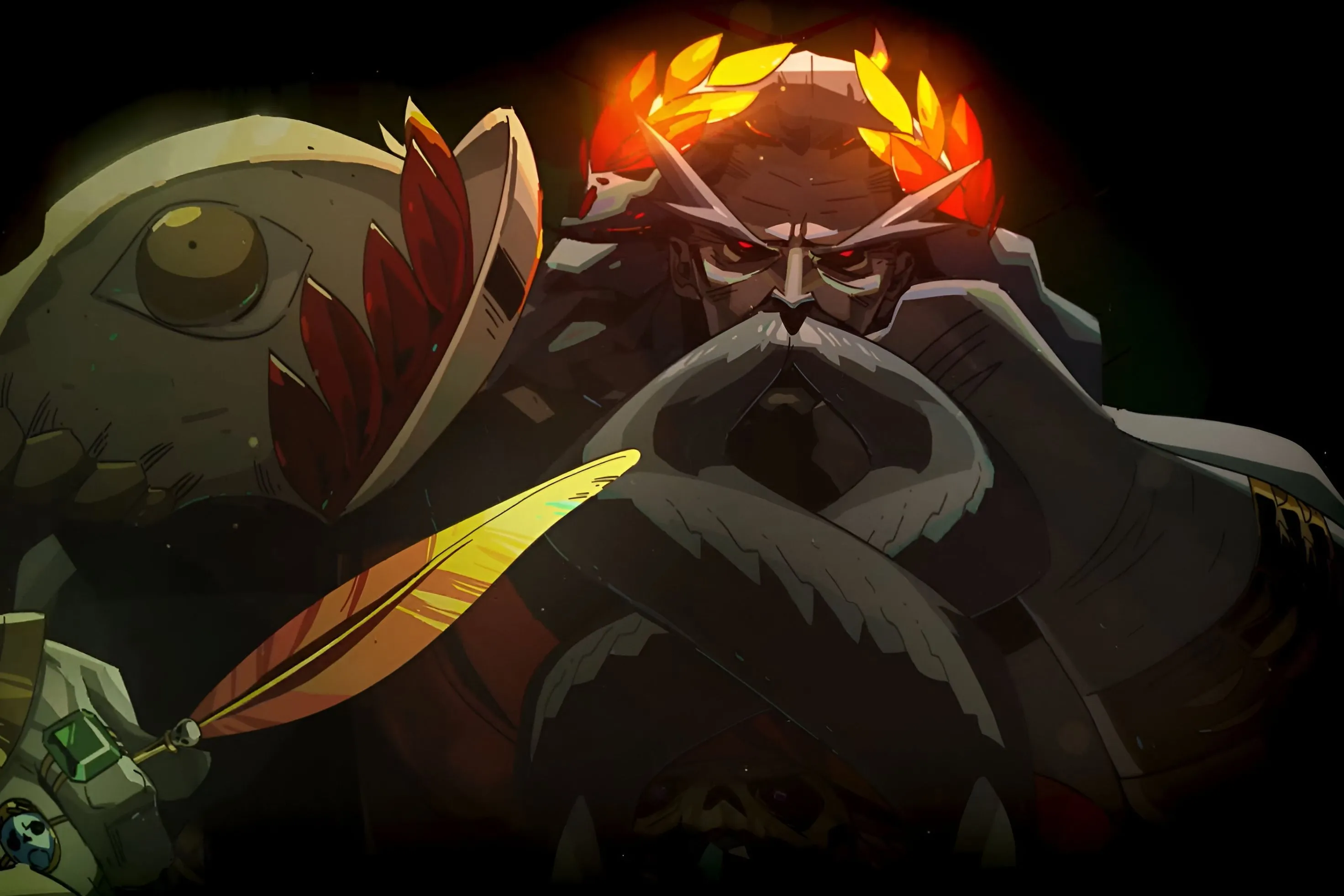 Thần Hades từ game Hades, với cây bút lông vũ vàng, thể hiện quyền uy