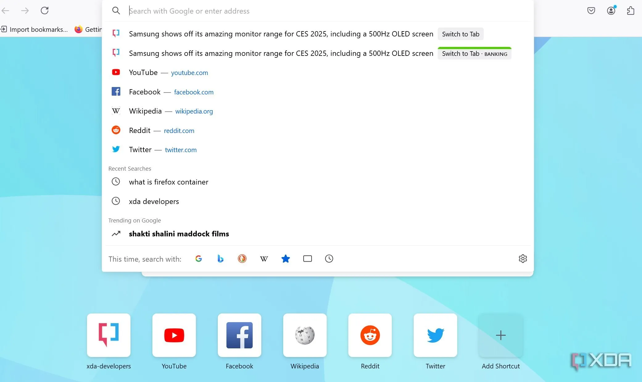 Thanh địa chỉ Firefox hiển thị xu hướng tìm kiếm và tùy chọn công cụ tìm kiếm khác