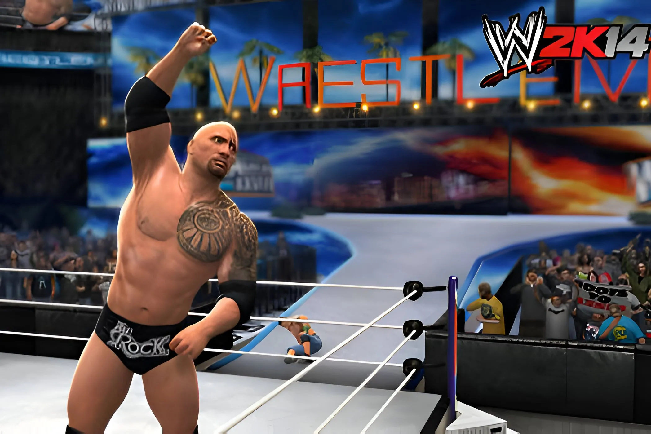 The Rock ăn mừng chiến thắng trước đám đông trong WWE 2K14