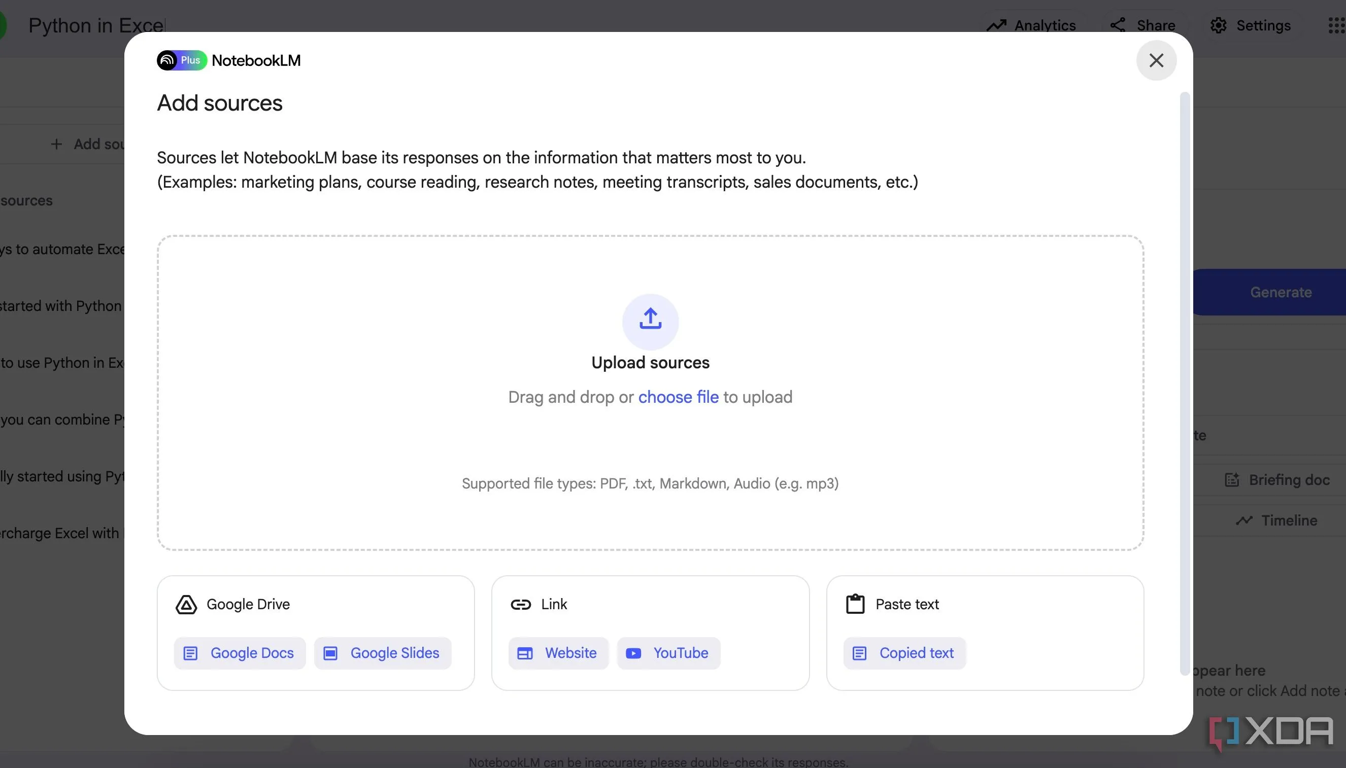 Thêm các nguồn tài liệu đa dạng như Markdown, PDF vào NotebookLM để phân tích.