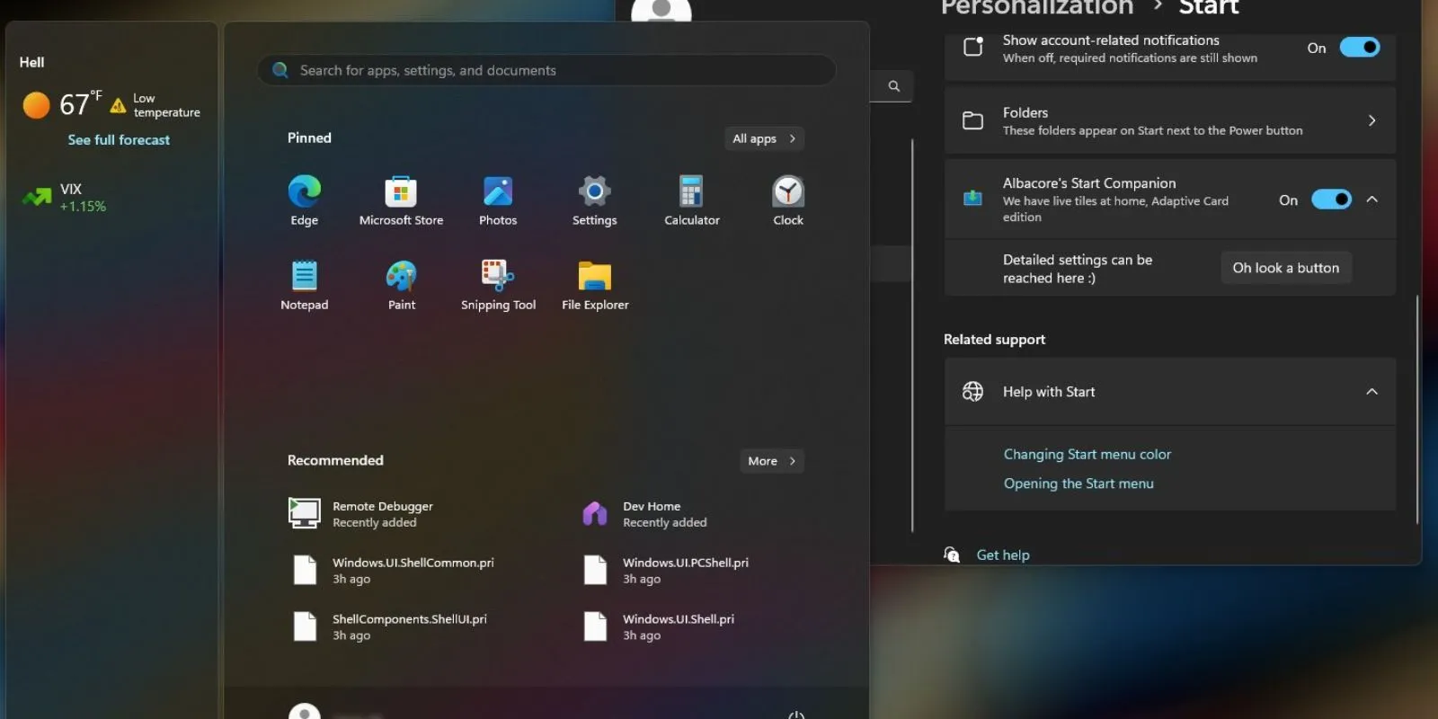 Thiết kế bảng điều khiển bổ trợ tùy chỉnh cho Start Menu Windows 11