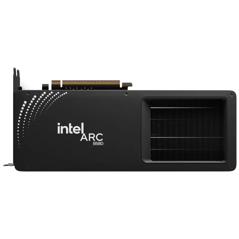 Thiết kế tổng thể của card đồ họa Intel Arc B580, một đại diện ấn tượng của dòng GPU Battlemage mang lại hiệu năng 1440p đáng nể.
