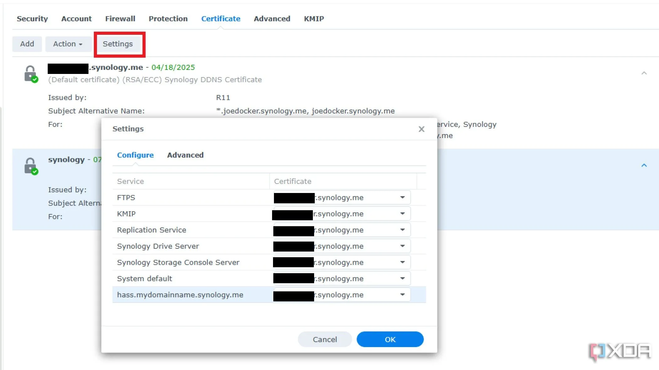 Thiết lập chứng chỉ SSL cho Reverse Proxy trong Synology DSM, cho phép chọn chứng chỉ phù hợp từ danh sách.