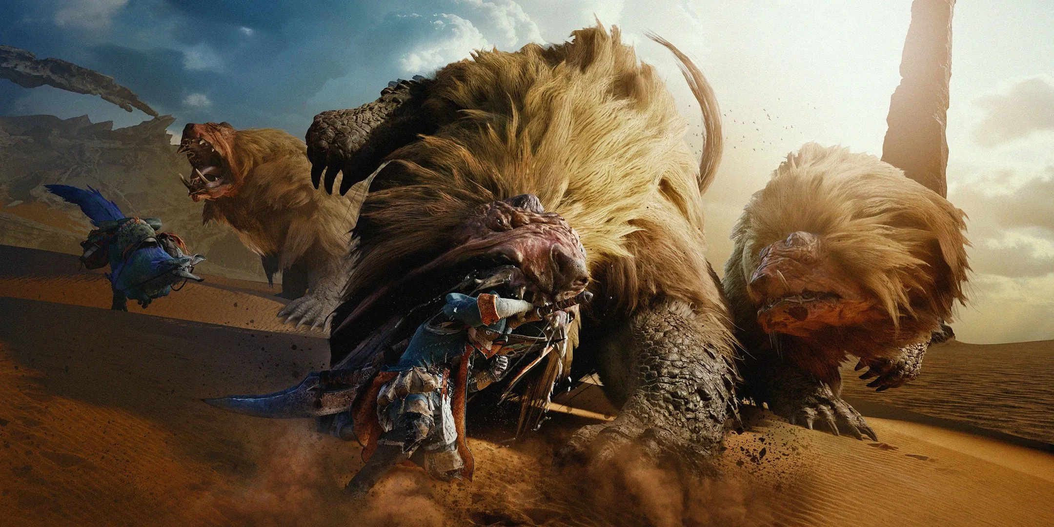 Thợ săn đang chiến đấu với quái vật khổng lồ trong thế giới Monster Hunter Wilds, minh họa lối chơi săn bắt độc đáo