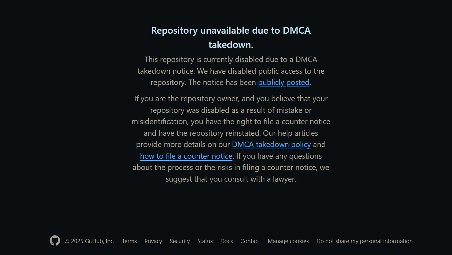 Thông báo gỡ bỏ dự án theo luật DMCA trên nền tảng GitHub