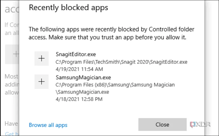 Thông báo ứng dụng được cho phép truy cập gần đây từ Controlled Folder Access trên Windows, minh họa khả năng kiểm soát bảo mật