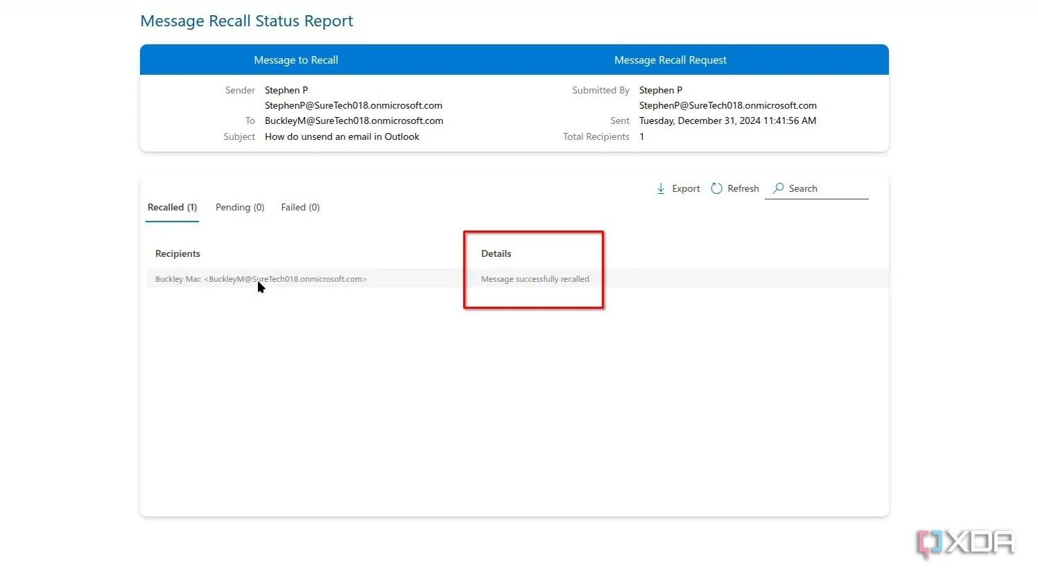 Thông báo xác nhận thu hồi email thành công trong Outlook