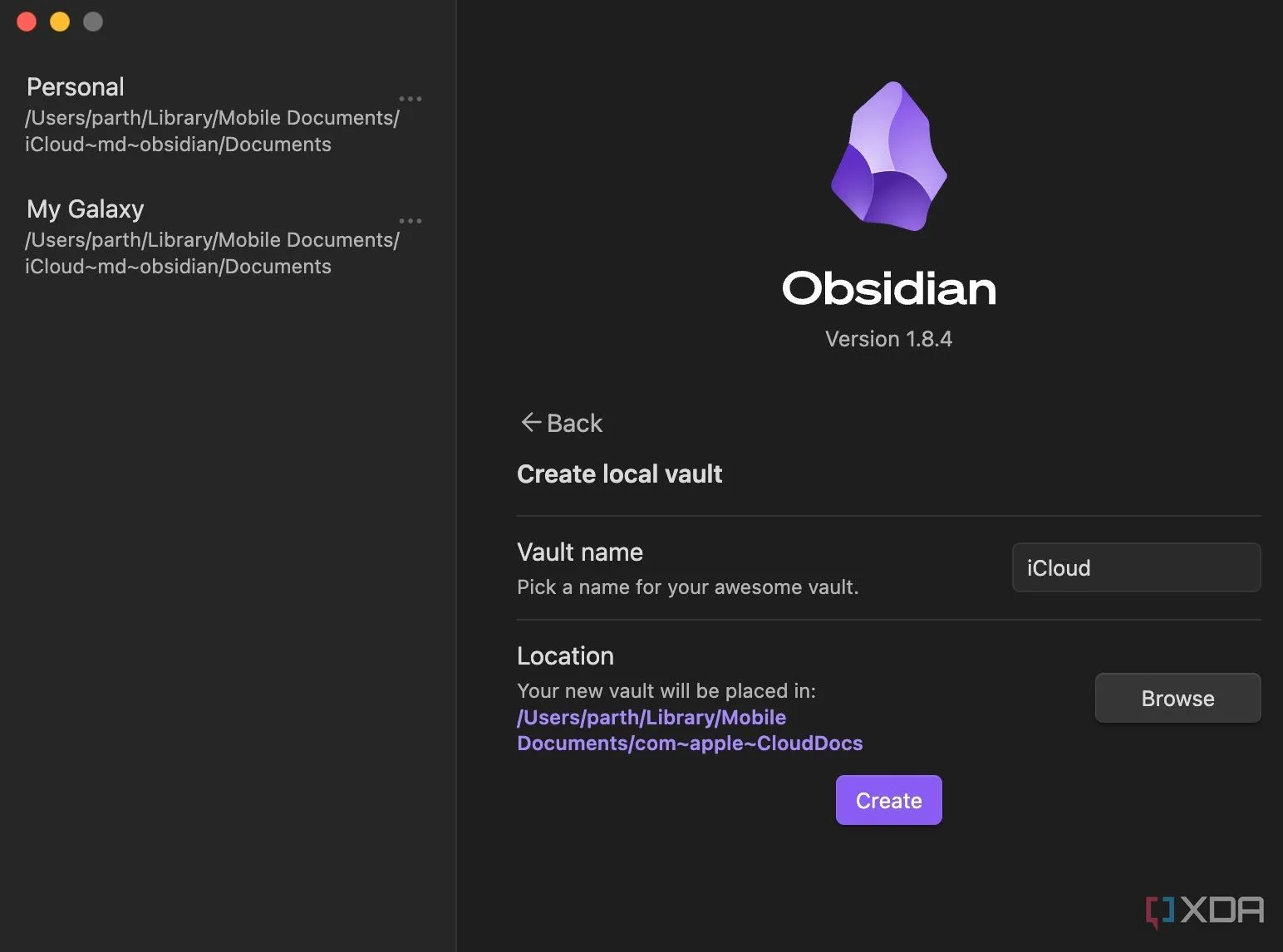 Thư mục iCloud được chọn trong Obsidian, minh họa tính năng đồng bộ đám mây cho người dùng tự do lựa chọn