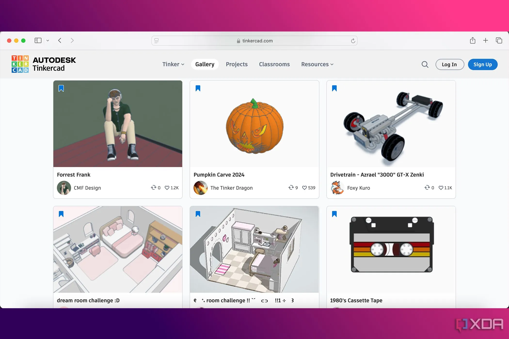 Thư viện dự án 3D trên Tinkercad của Autodesk, hiển thị các mô hình đơn giản và dễ học