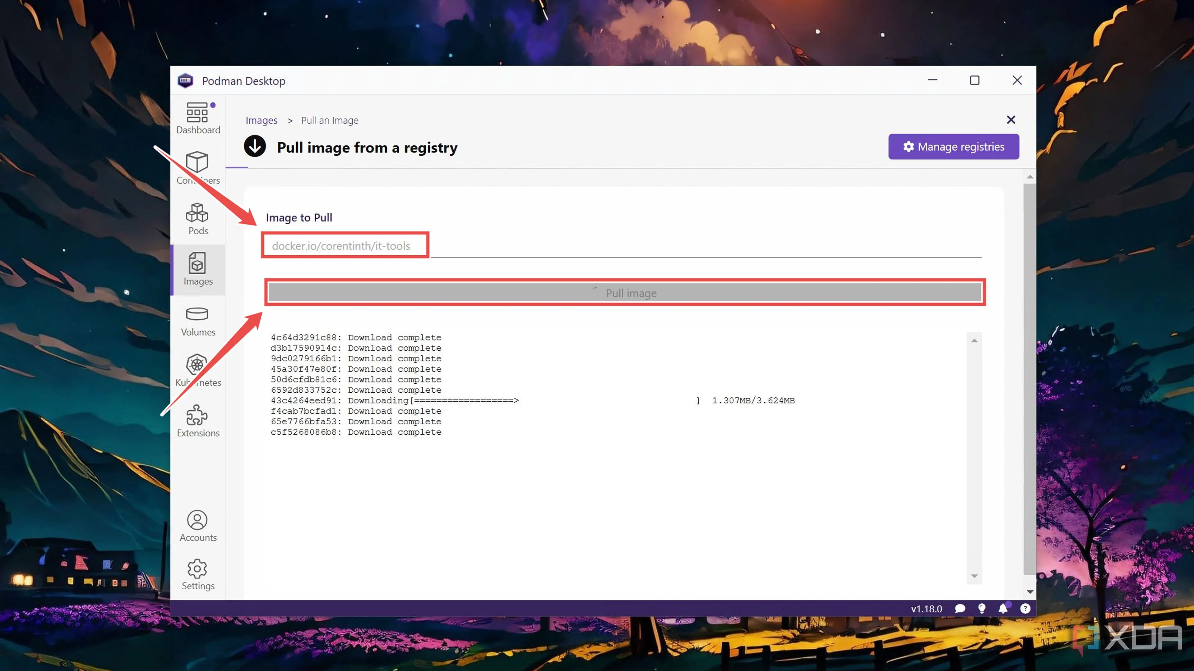 Thực hiện kéo (pull) một image container tên &quot;corentinth/it-tools&quot; trong Podman Desktop