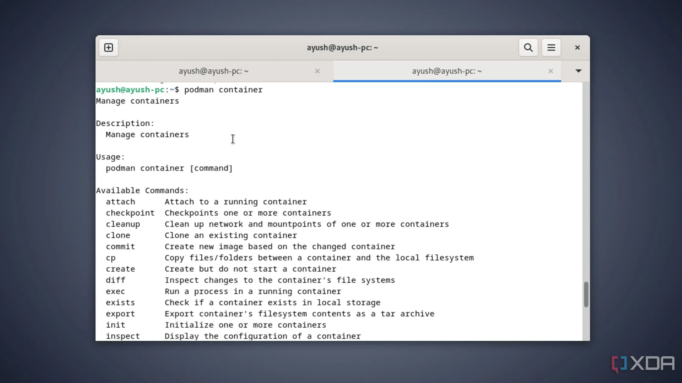 Thực hiện lệnh podman container trên terminal, minh họa tích hợp Systemd và quản lý vòng đời container