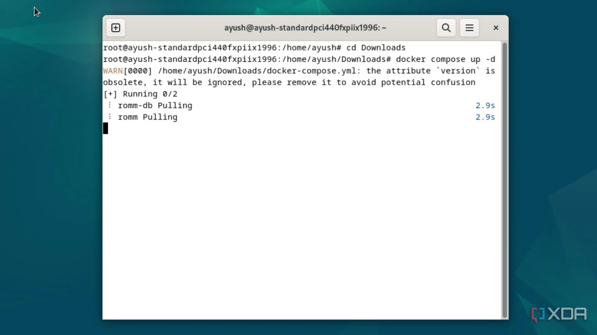 Thực thi lệnh docker-compose up để khởi tạo container RomM, minh họa quy trình thiết lập môi trường làm việc nhanh chóng