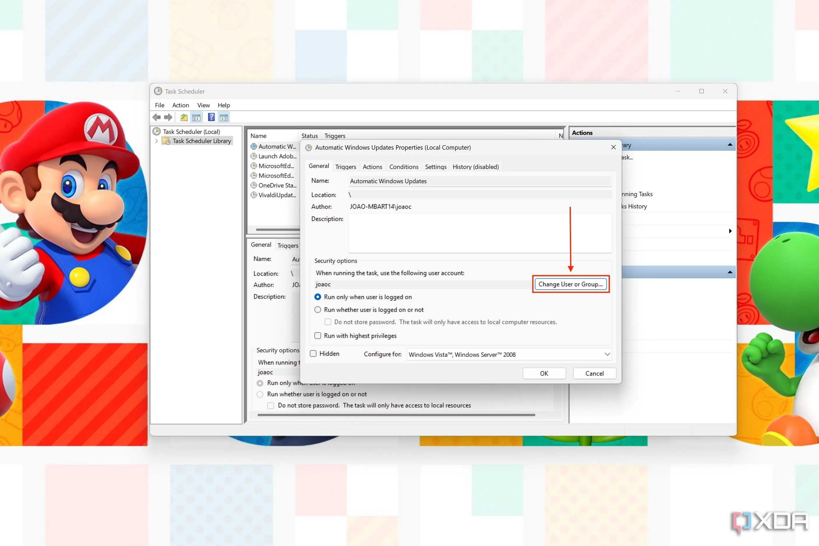 Thuộc tính của một tác vụ trong Task Scheduler, hiển thị nút Change User or Group để thay đổi người dùng chạy tác vụ