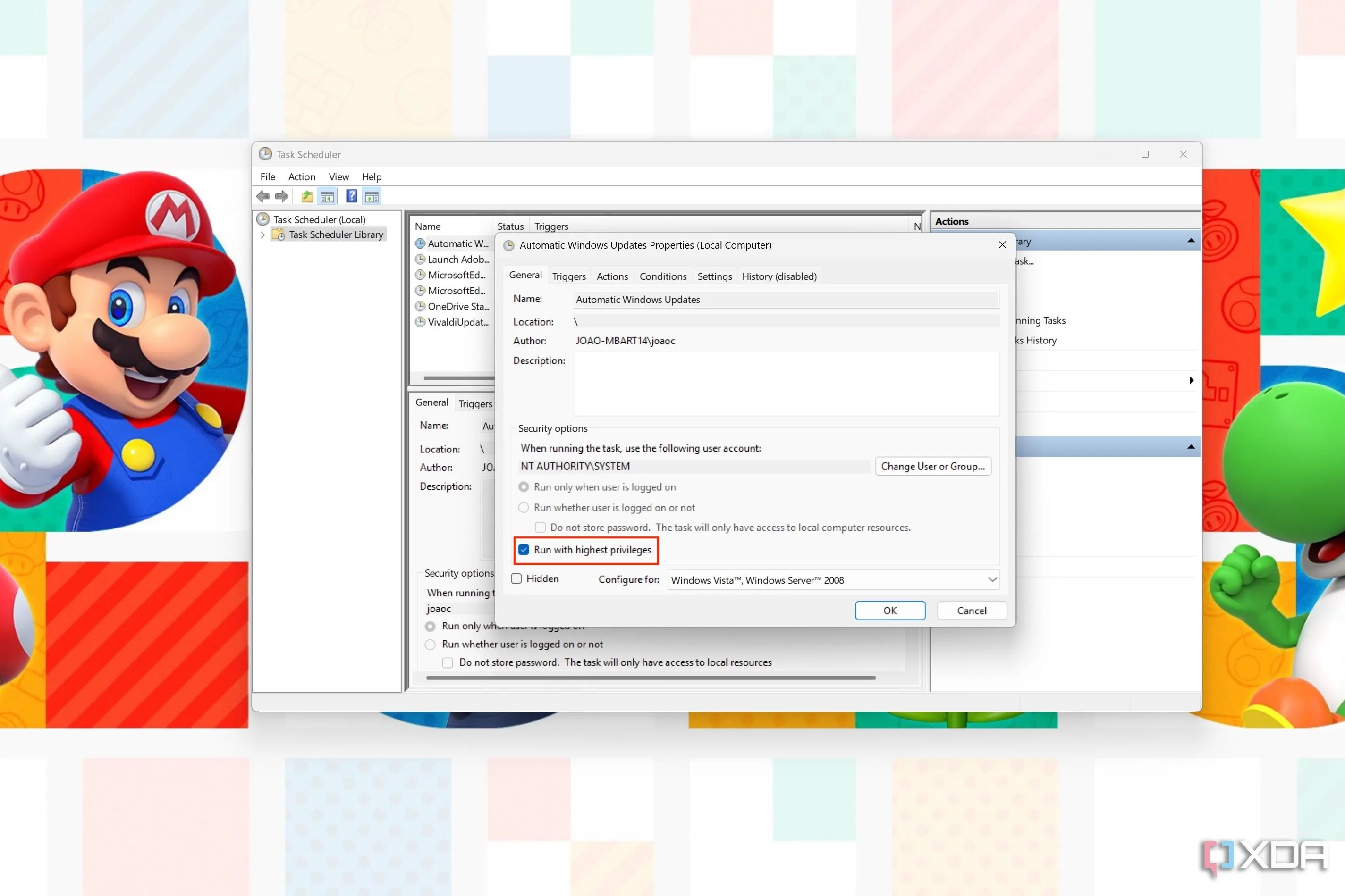 Thuộc tính tác vụ trong Task Scheduler, với tùy chọn Run with highest privileges được đánh dấu để chạy tác vụ với quyền cao nhất