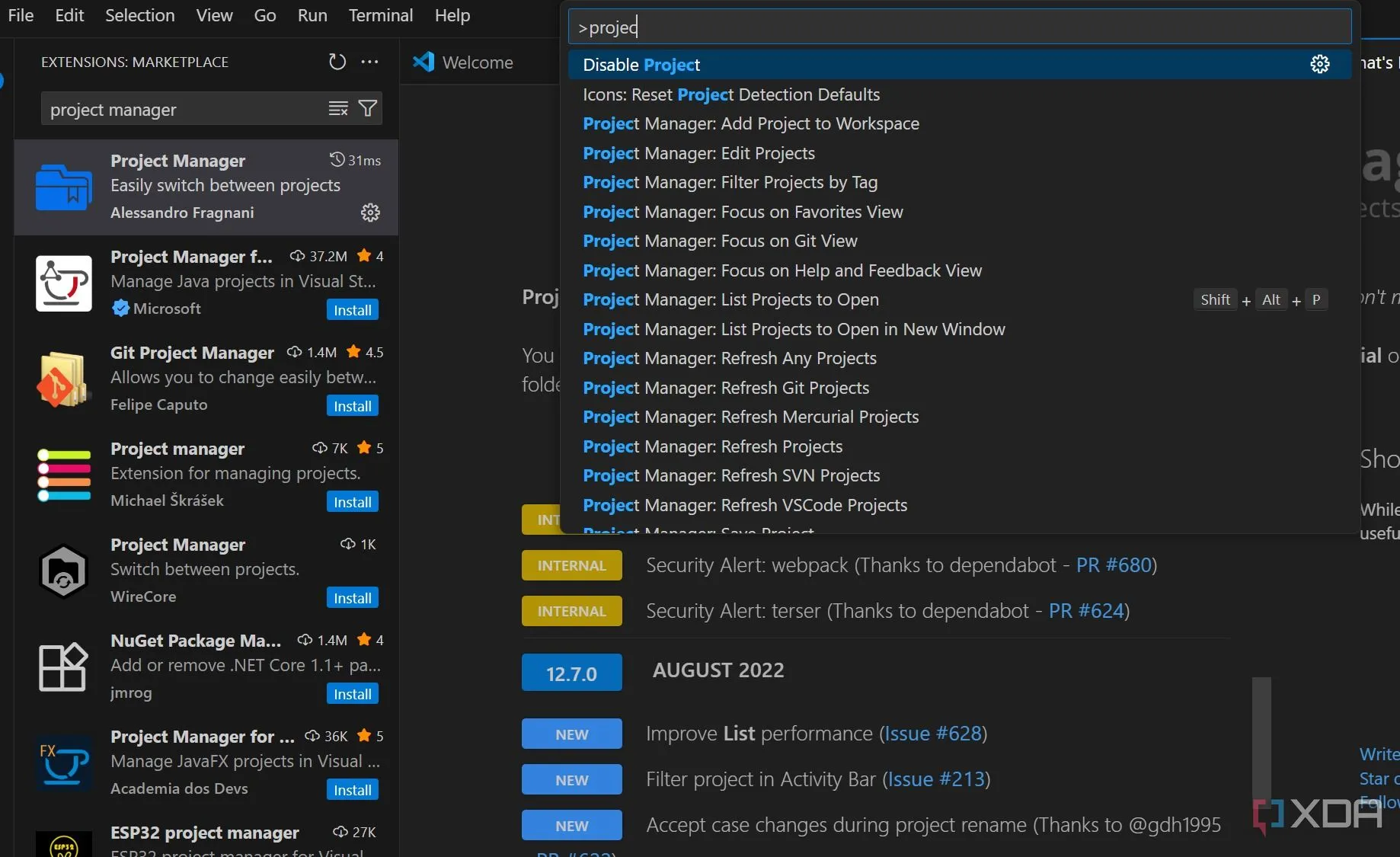 Tiện ích Project Manager trong VS Code giúp quản lý và chuyển đổi giữa nhiều dự án phát triển.